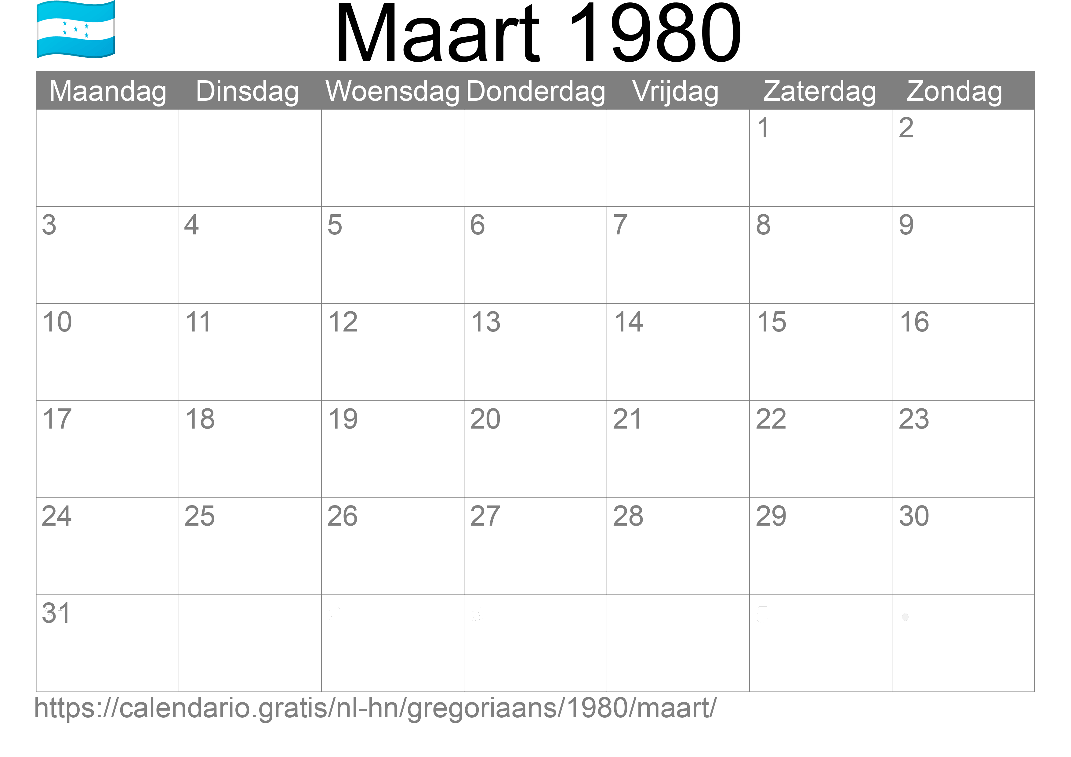 Kalender Maart 1980 om af te drukken