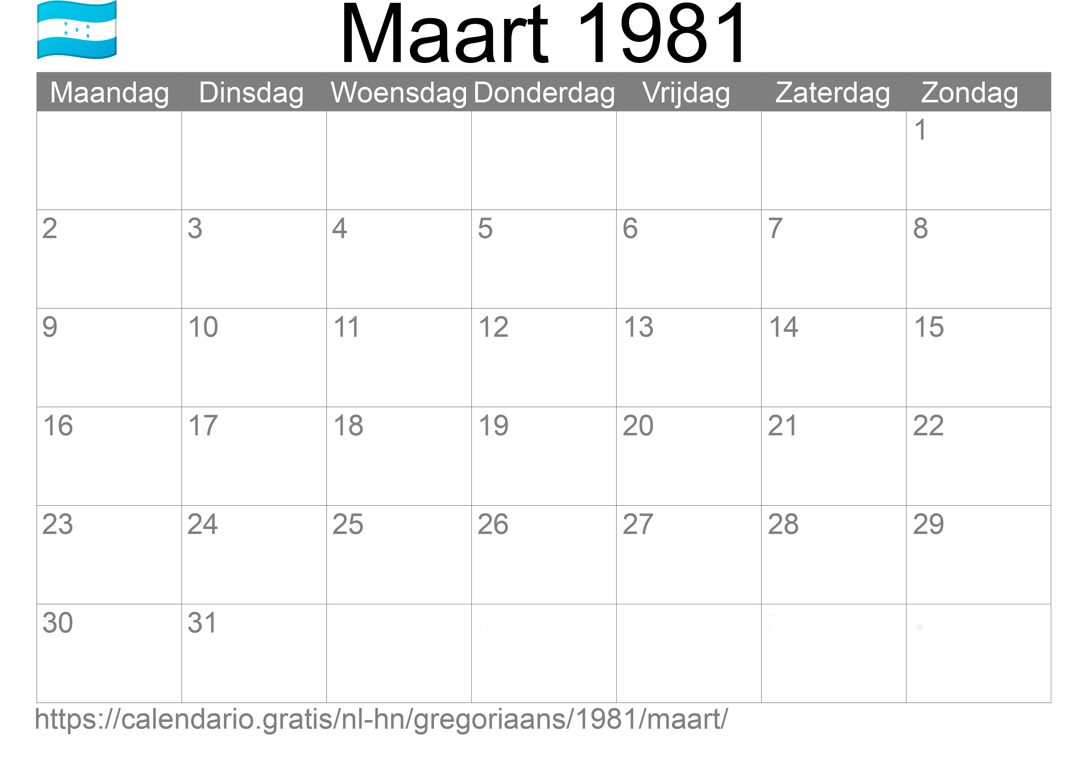 Kalender Maart 1981 om af te drukken