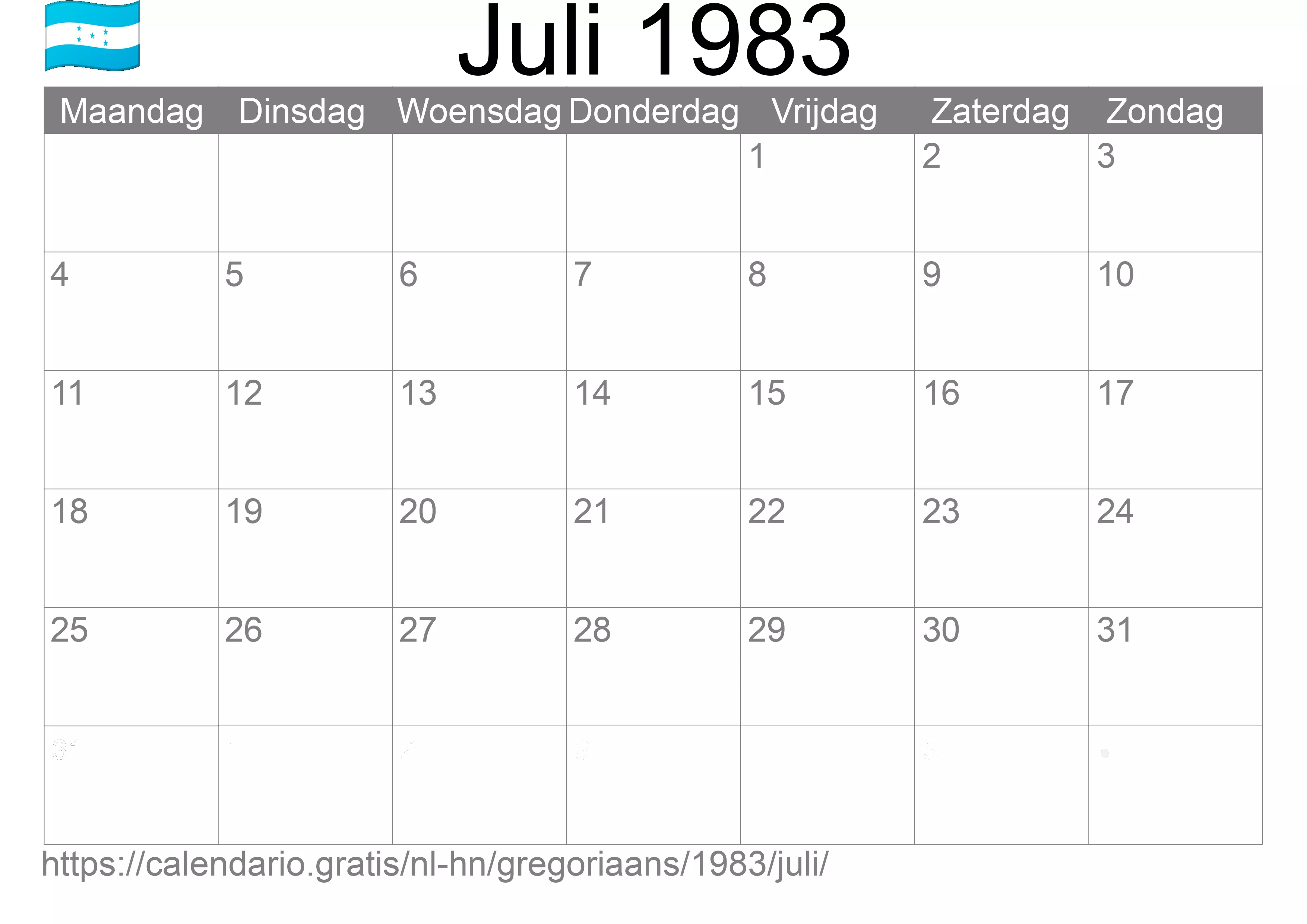 Kalender Juli 1983 om af te drukken (Honduras)