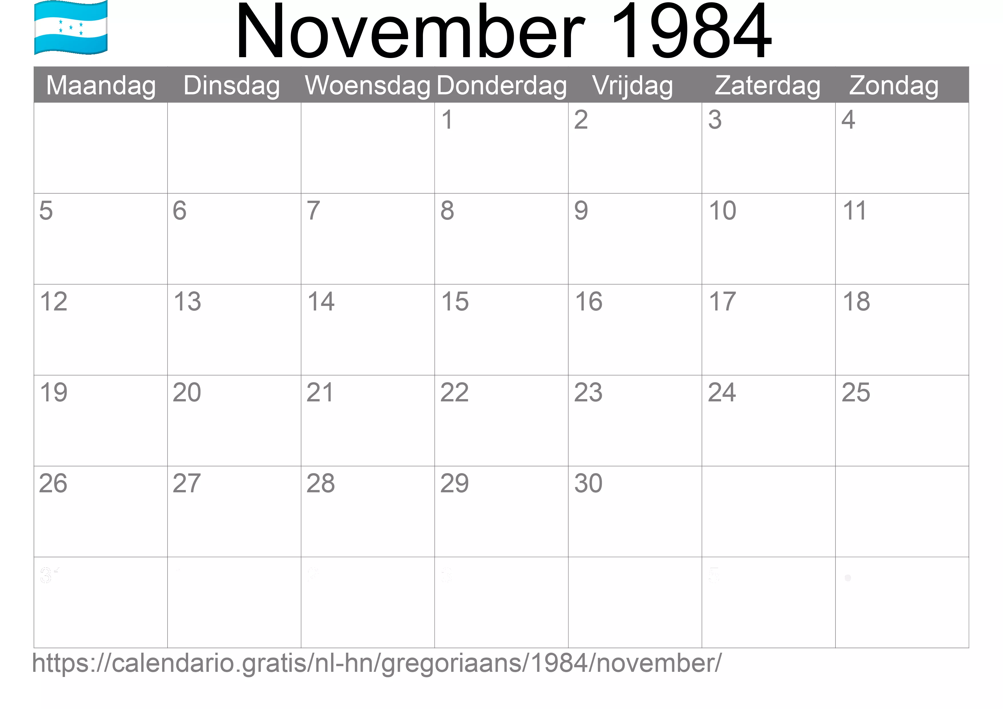 Kalender November 1984 om af te drukken (Honduras)