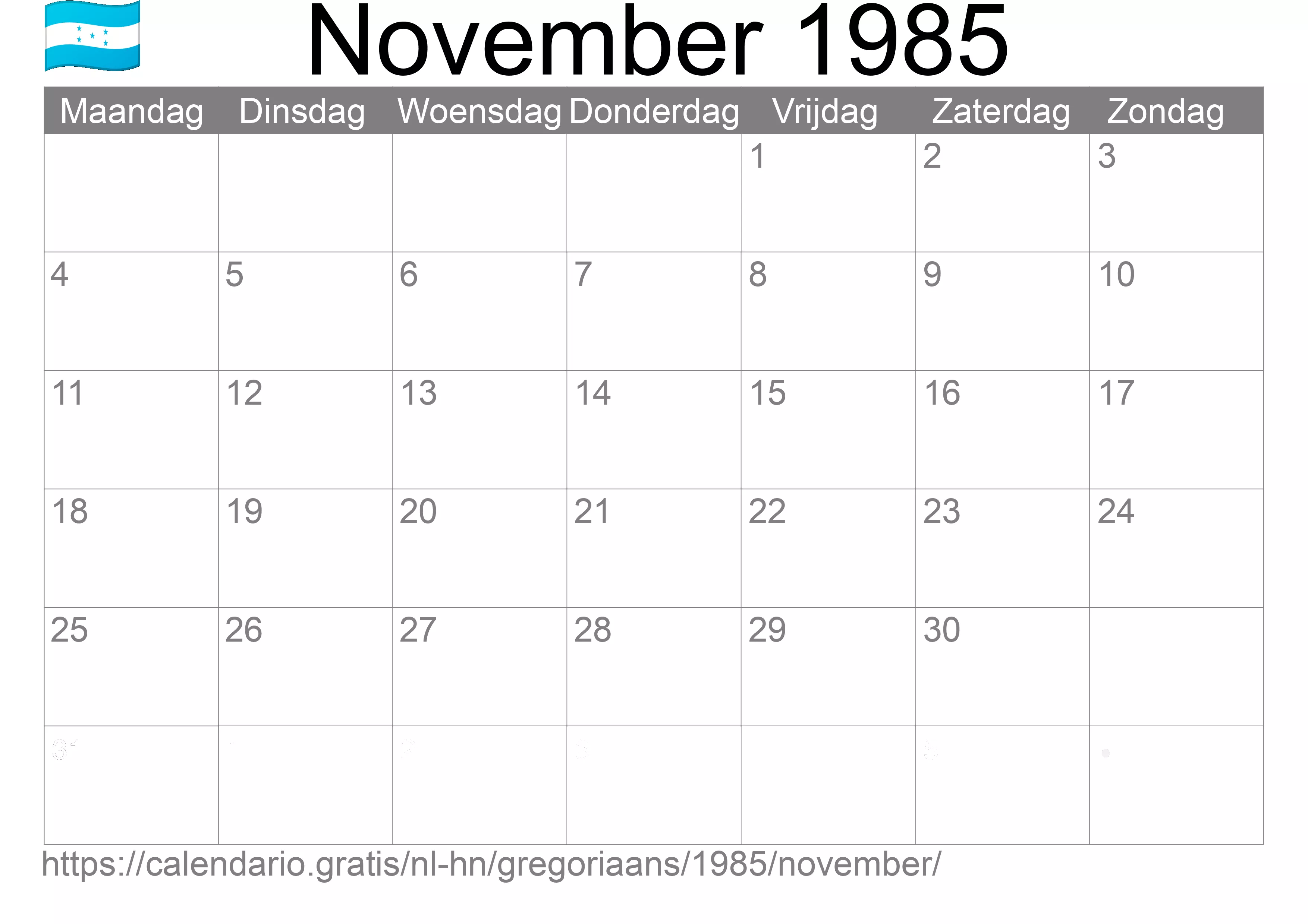 Kalender November 1985 om af te drukken (Honduras)