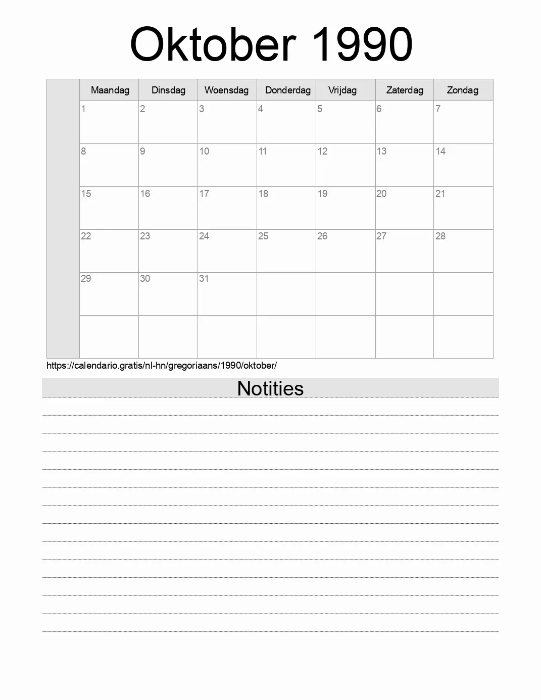 Kalender voor Oktober 1990 om af te drukken met notities. (Honduras)