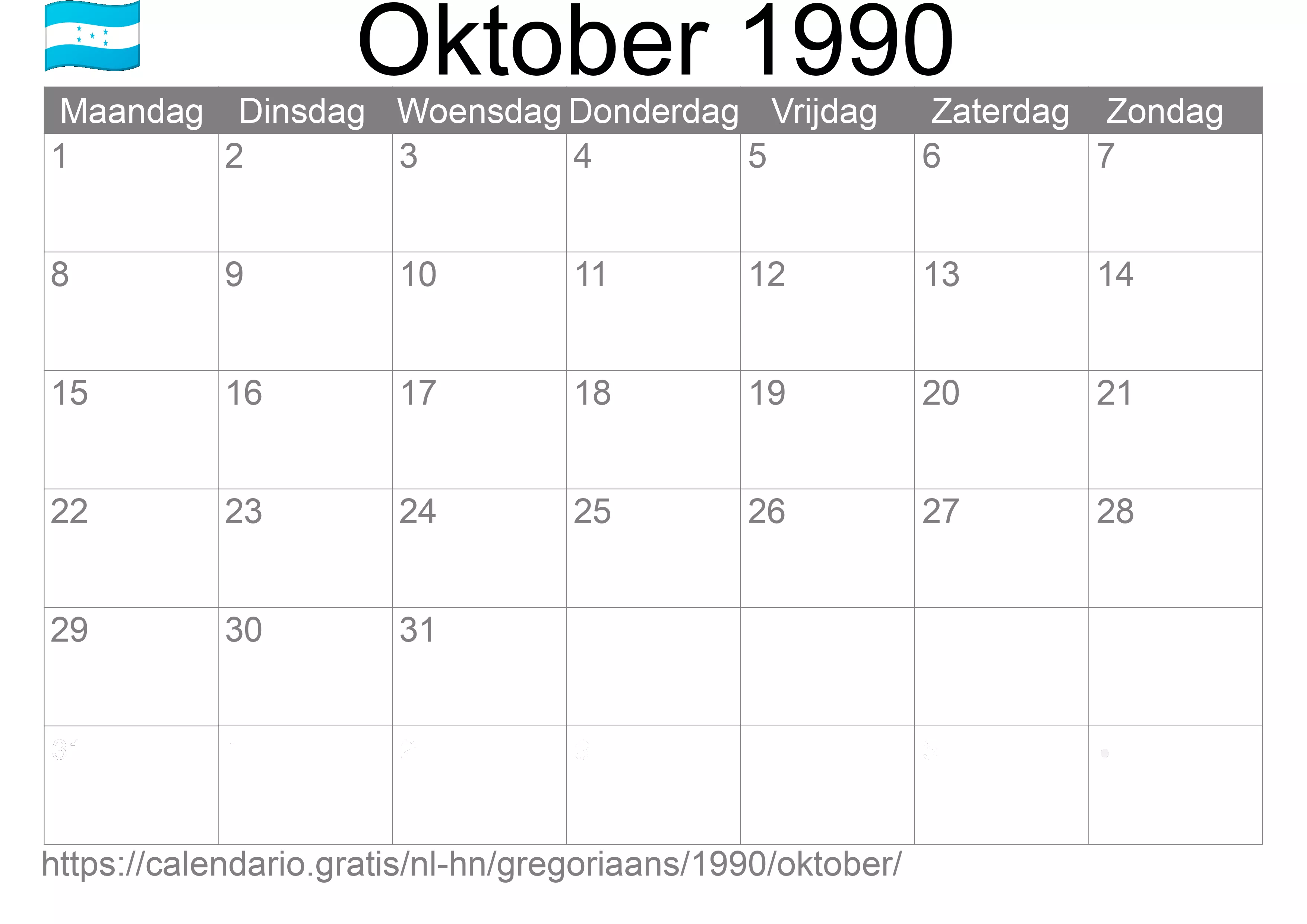 Kalender Oktober 1990 om af te drukken (Honduras)