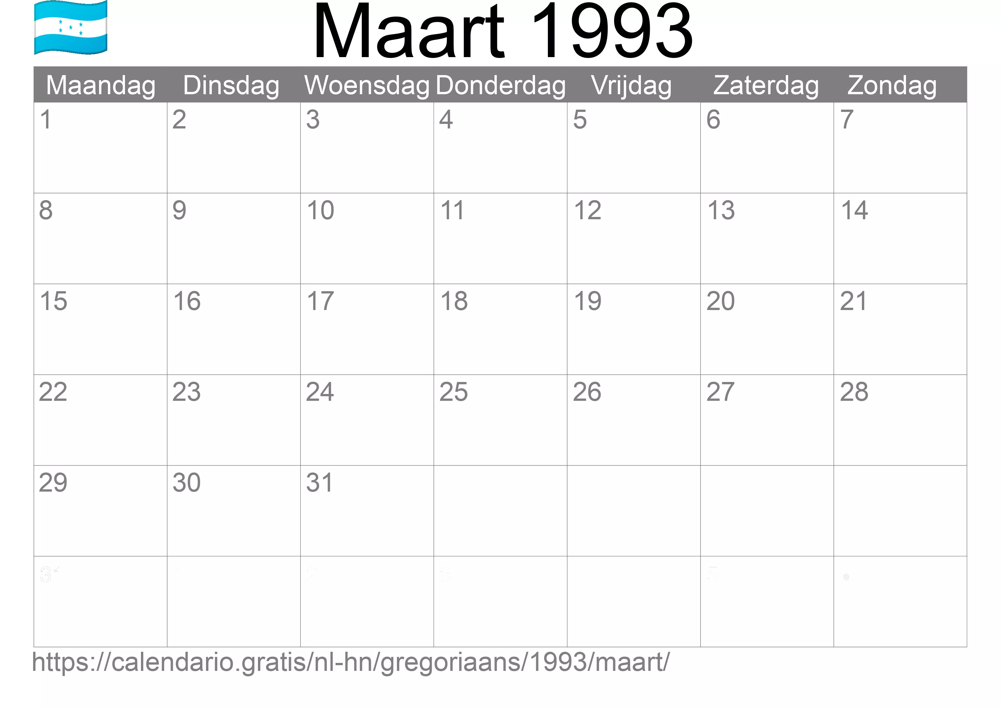 Kalender Maart 1993 om af te drukken (Honduras)