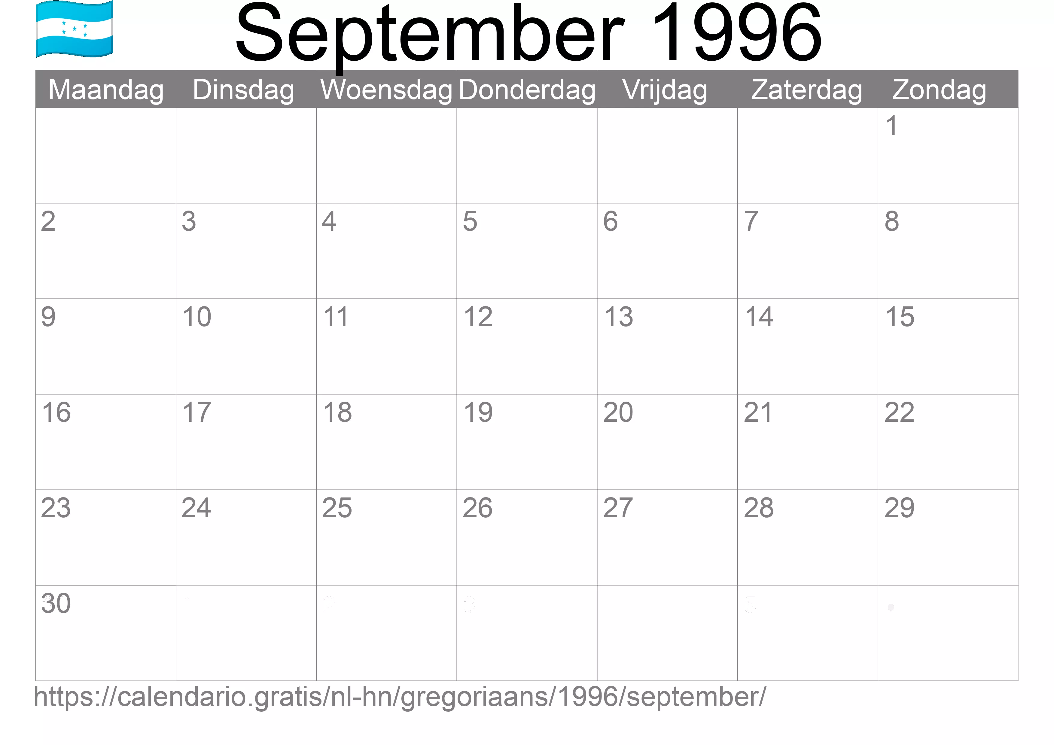 Kalender September 1996 om af te drukken (Honduras) Kalender September 1996 om af te drukken (Honduras)