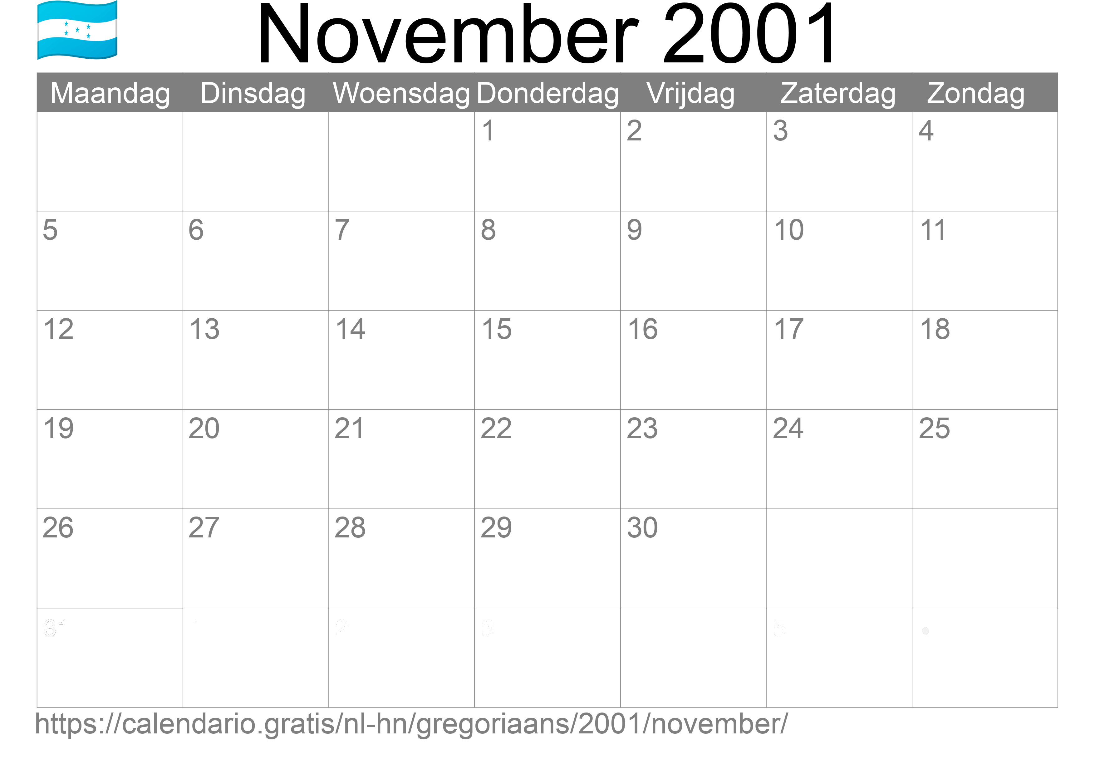 Kalender November 2001 om af te drukken