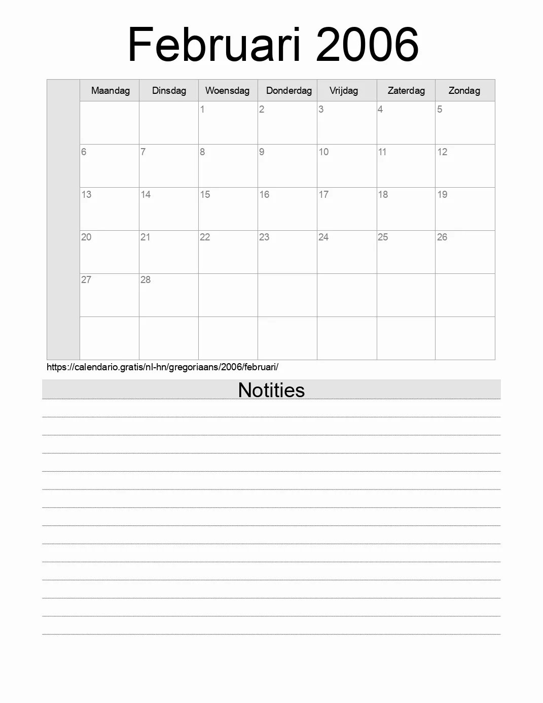 Kalender voor Februari 2006 om af te drukken met notities. (Honduras)