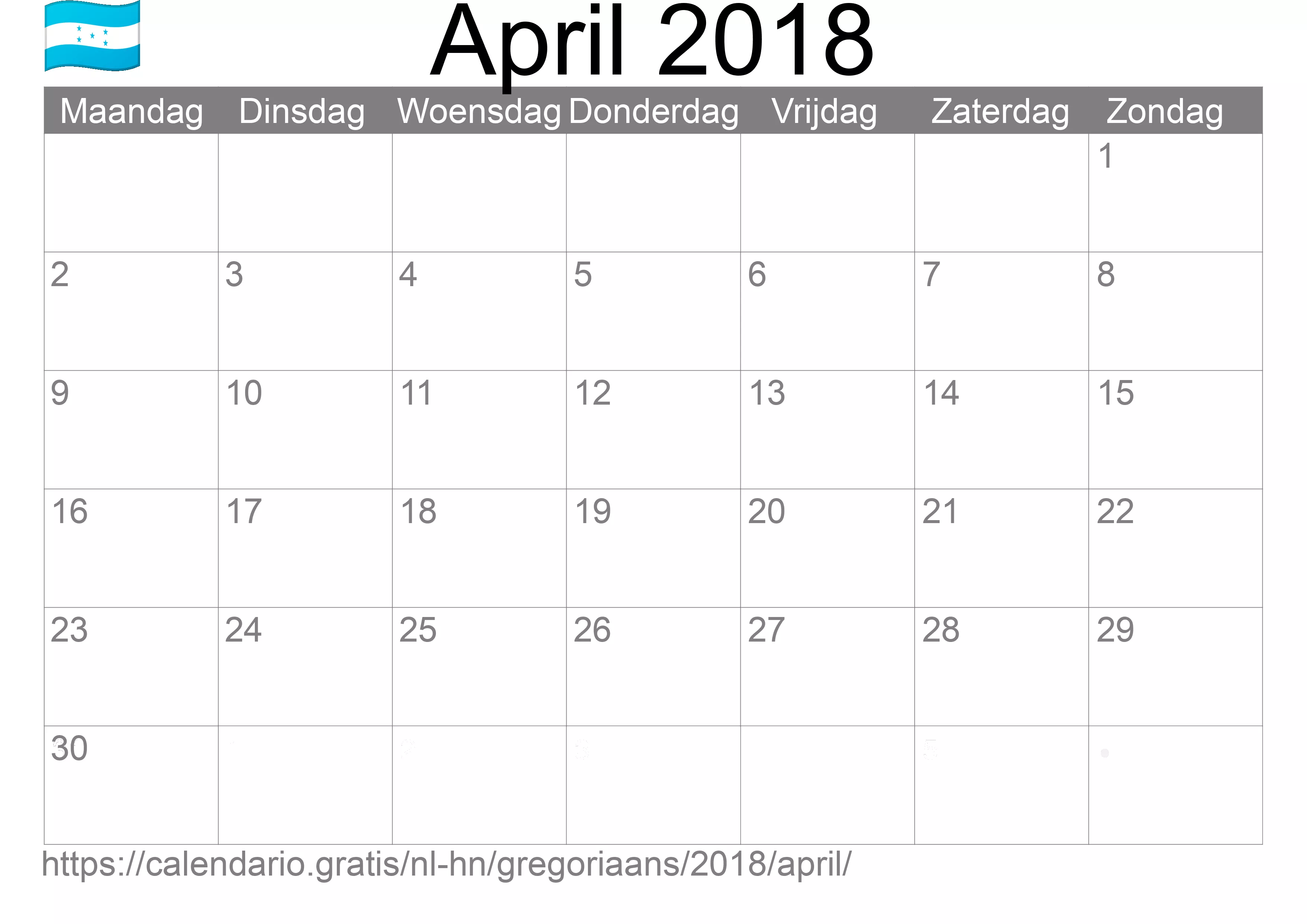 Kalender April 2018 om af te drukken (Honduras)