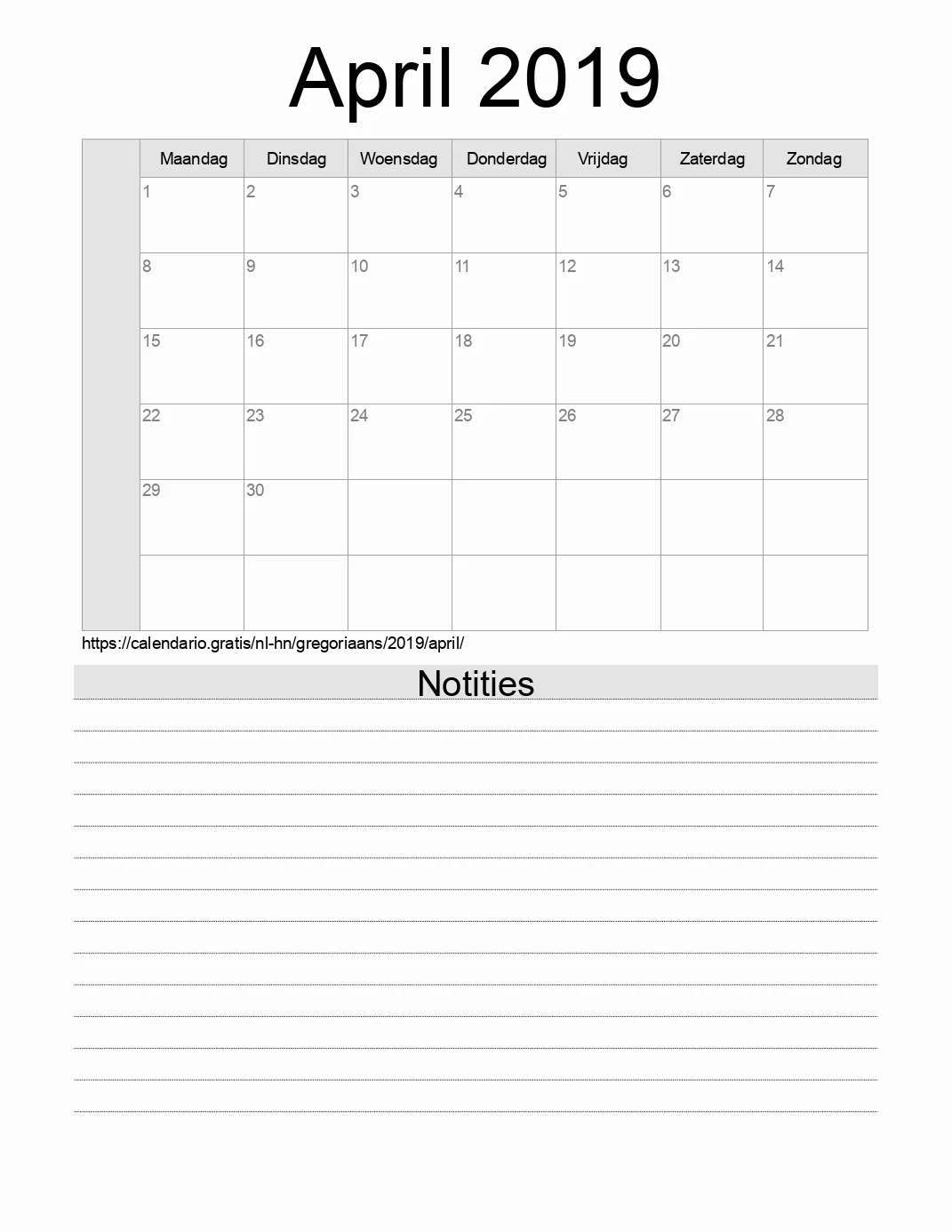 Kalender voor April 2019 om af te drukken met notities. (Honduras)