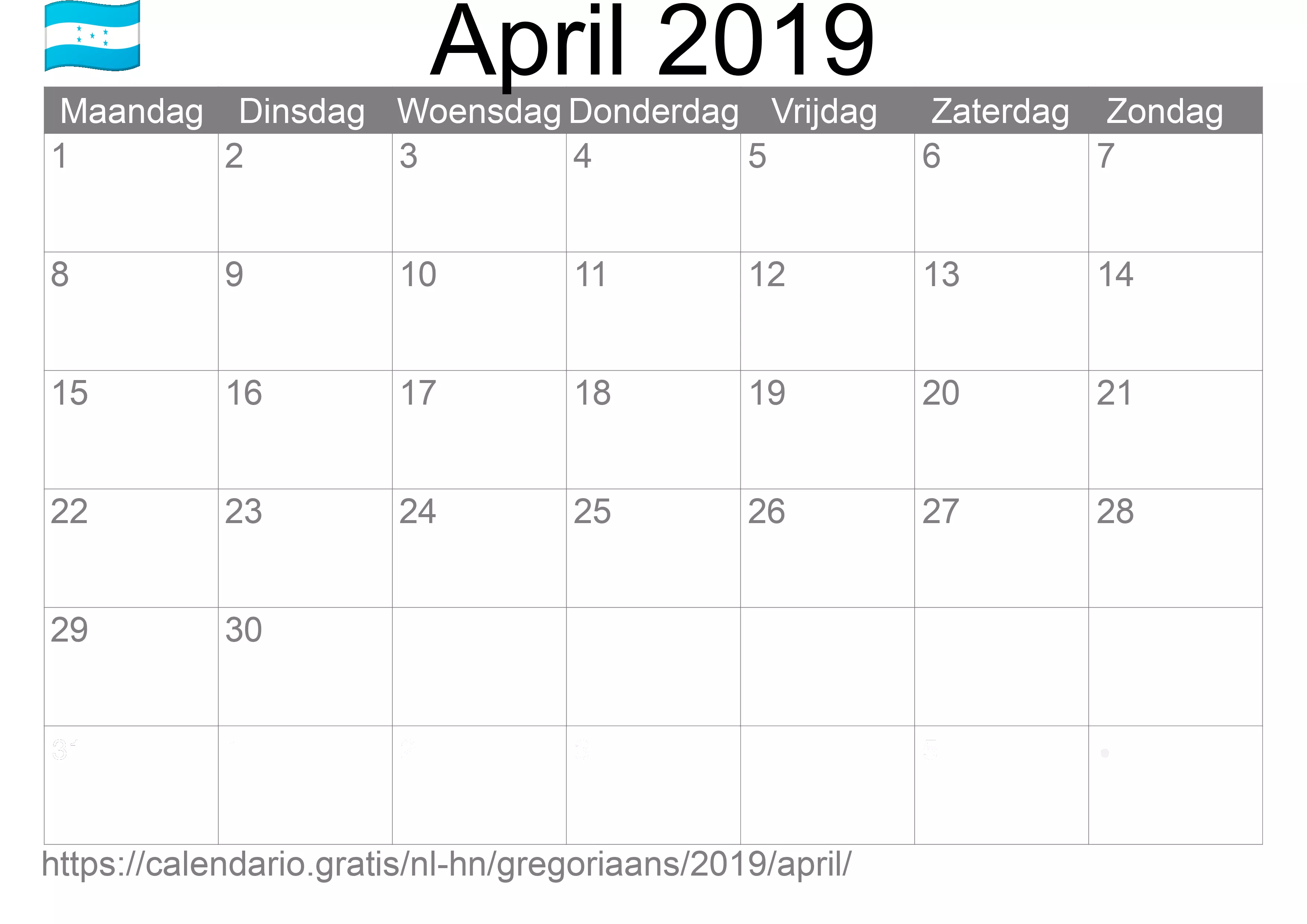Kalender April 2019 om af te drukken (Honduras)
