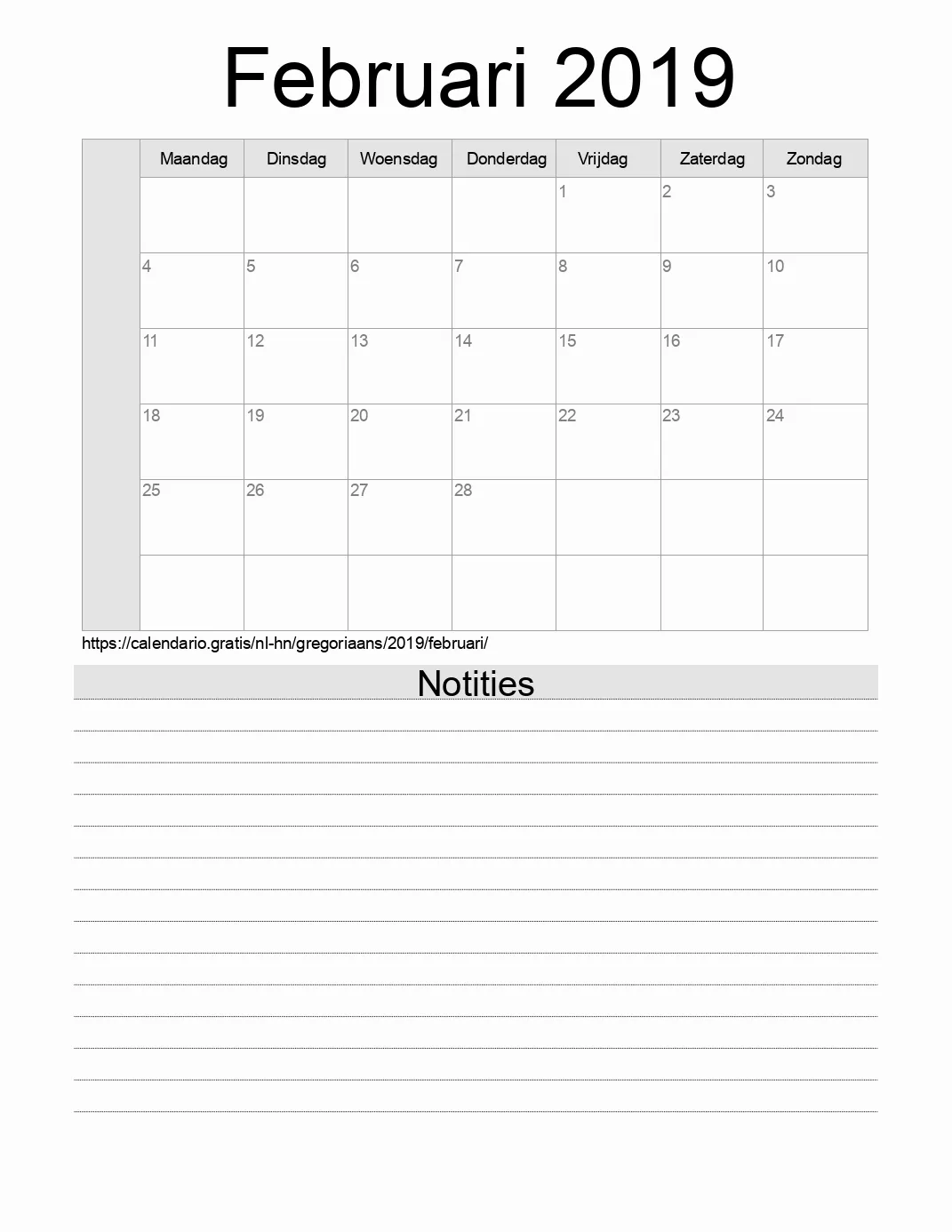 Kalender voor Februari 2019 om af te drukken met notities. (Honduras)