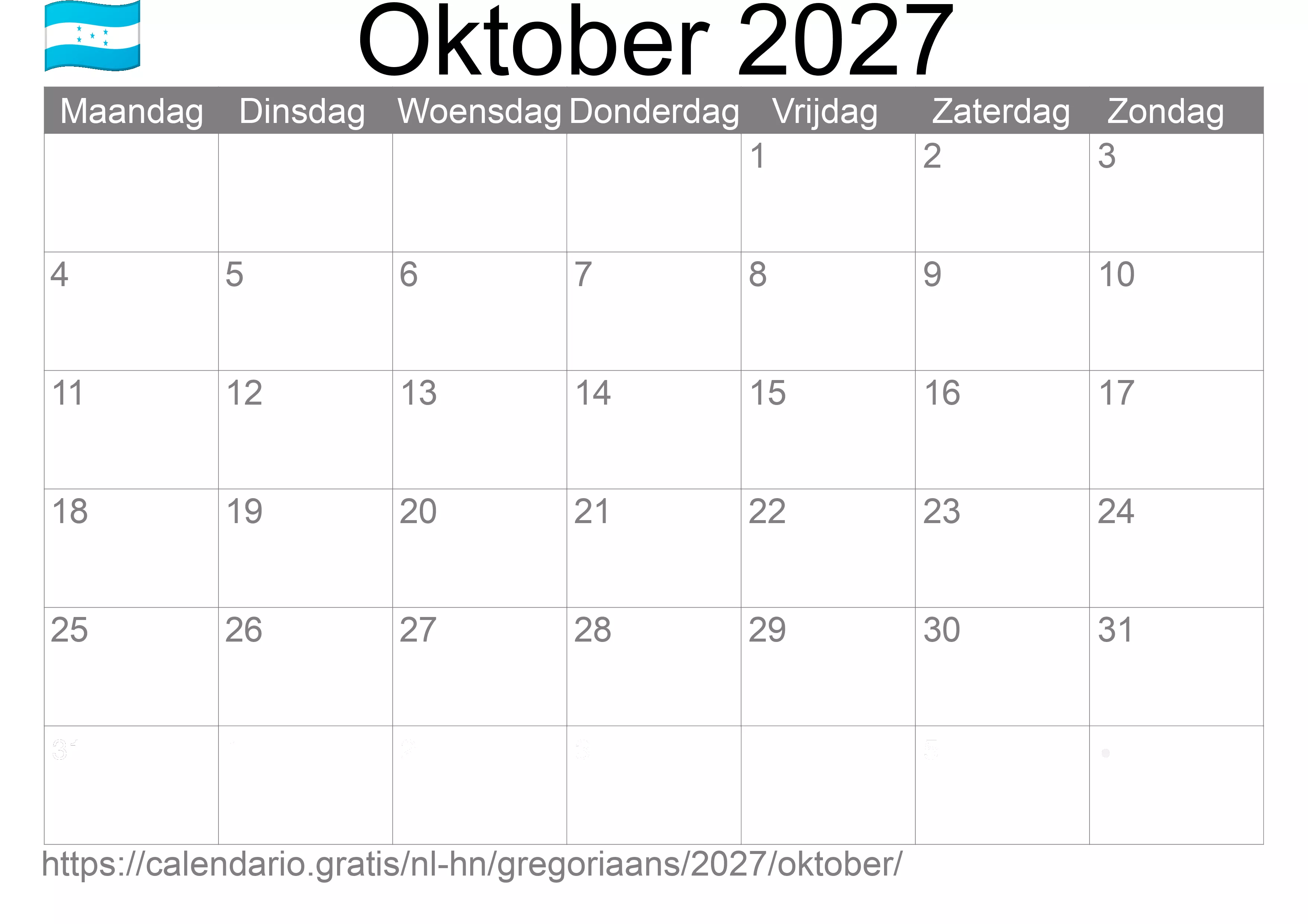 Kalender Oktober 2027 om af te drukken (Honduras)