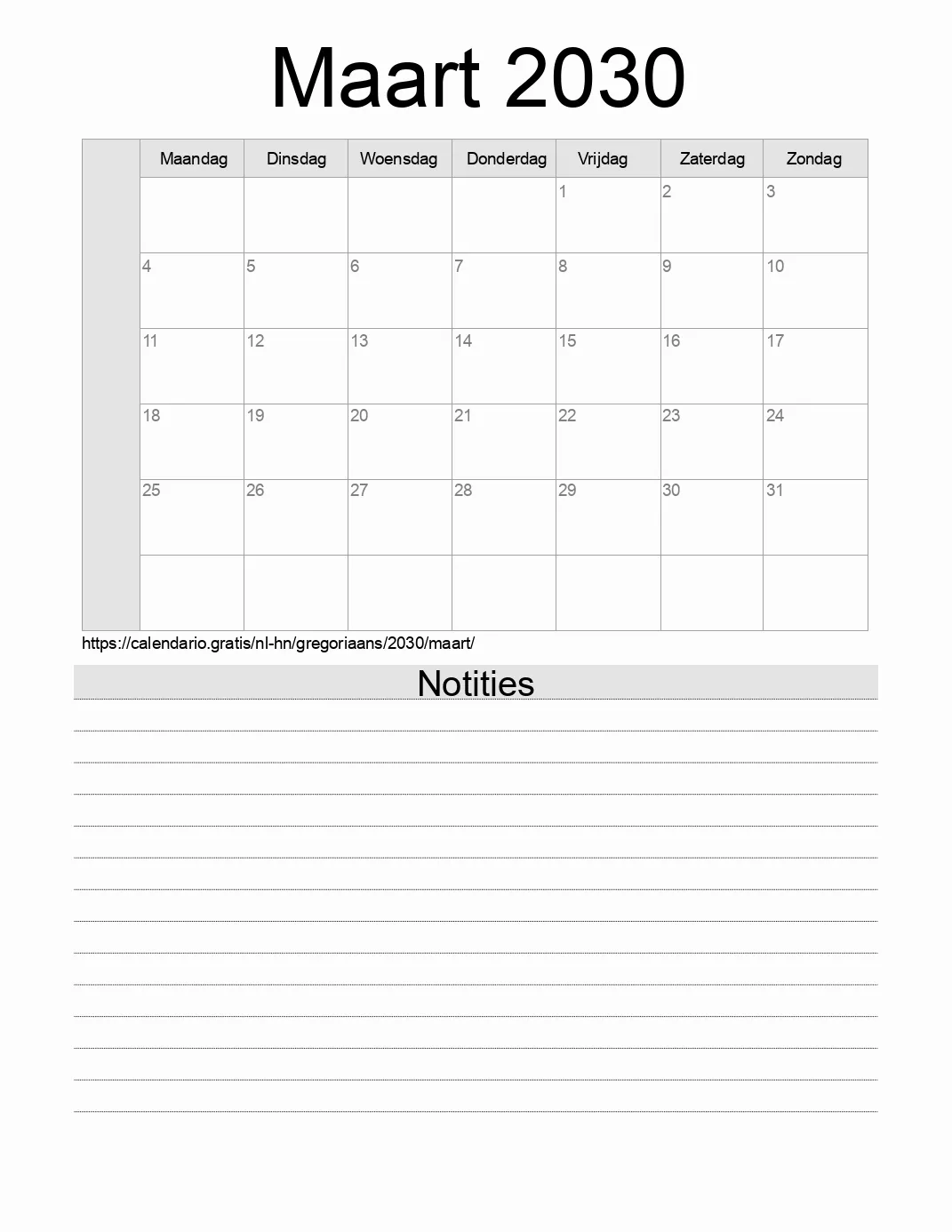 Kalender voor Maart 2030 om af te drukken met notities. (Honduras)