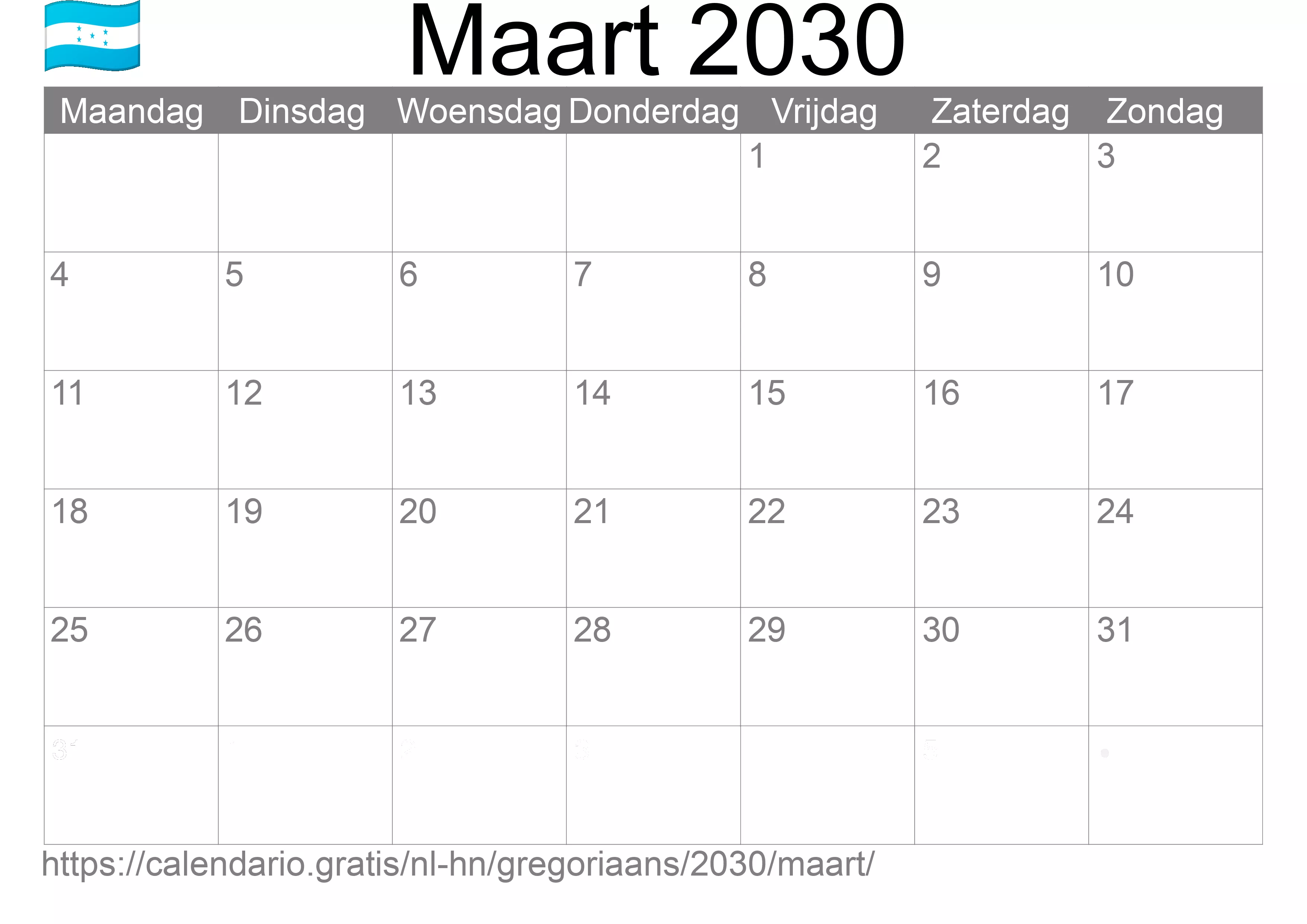 Kalender Maart 2030 om af te drukken (Honduras)