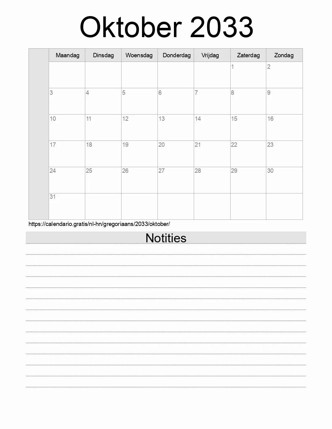 Kalender voor Oktober 2033 om af te drukken met notities. (Honduras)