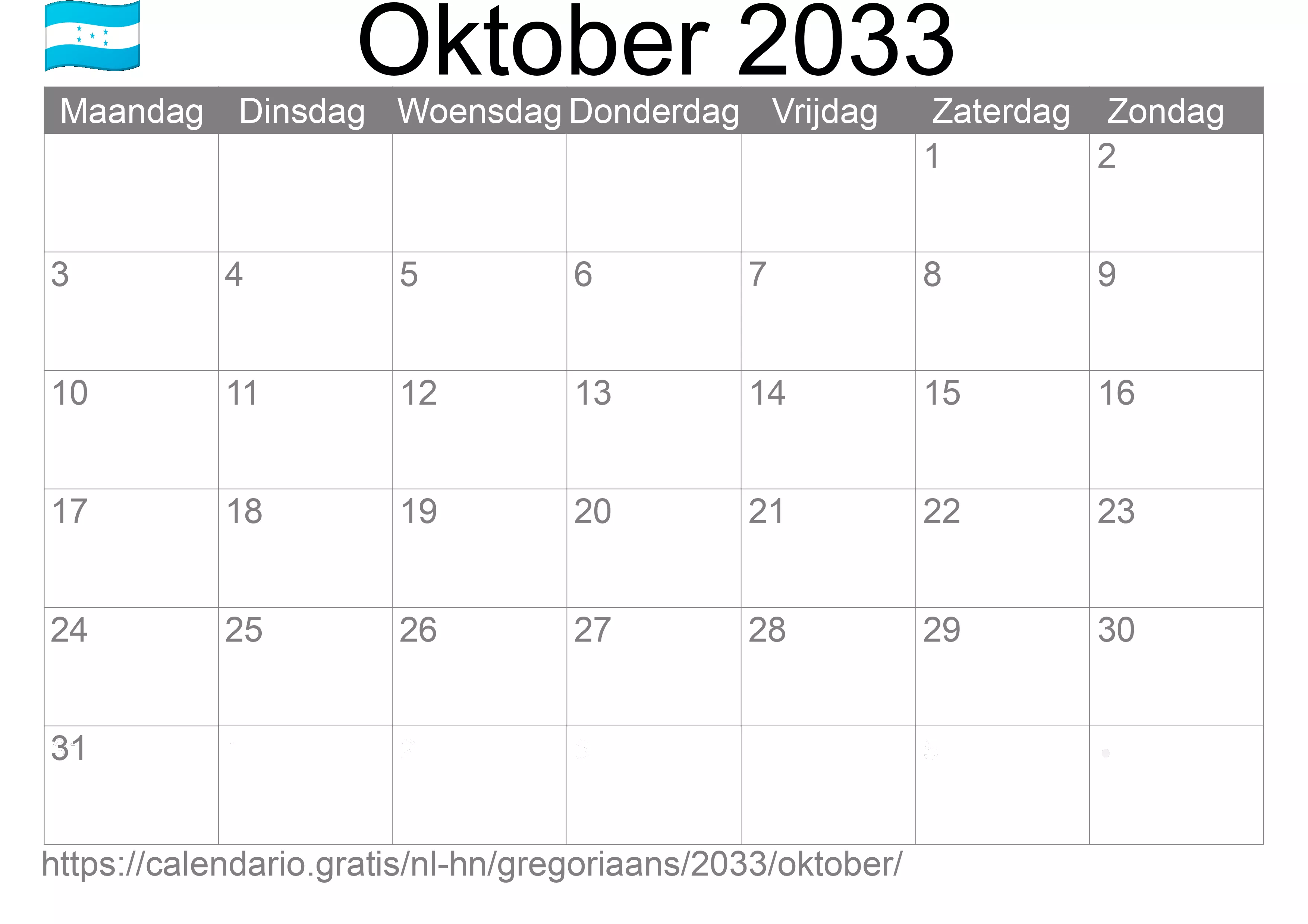 Kalender Oktober 2033 om af te drukken (Honduras)