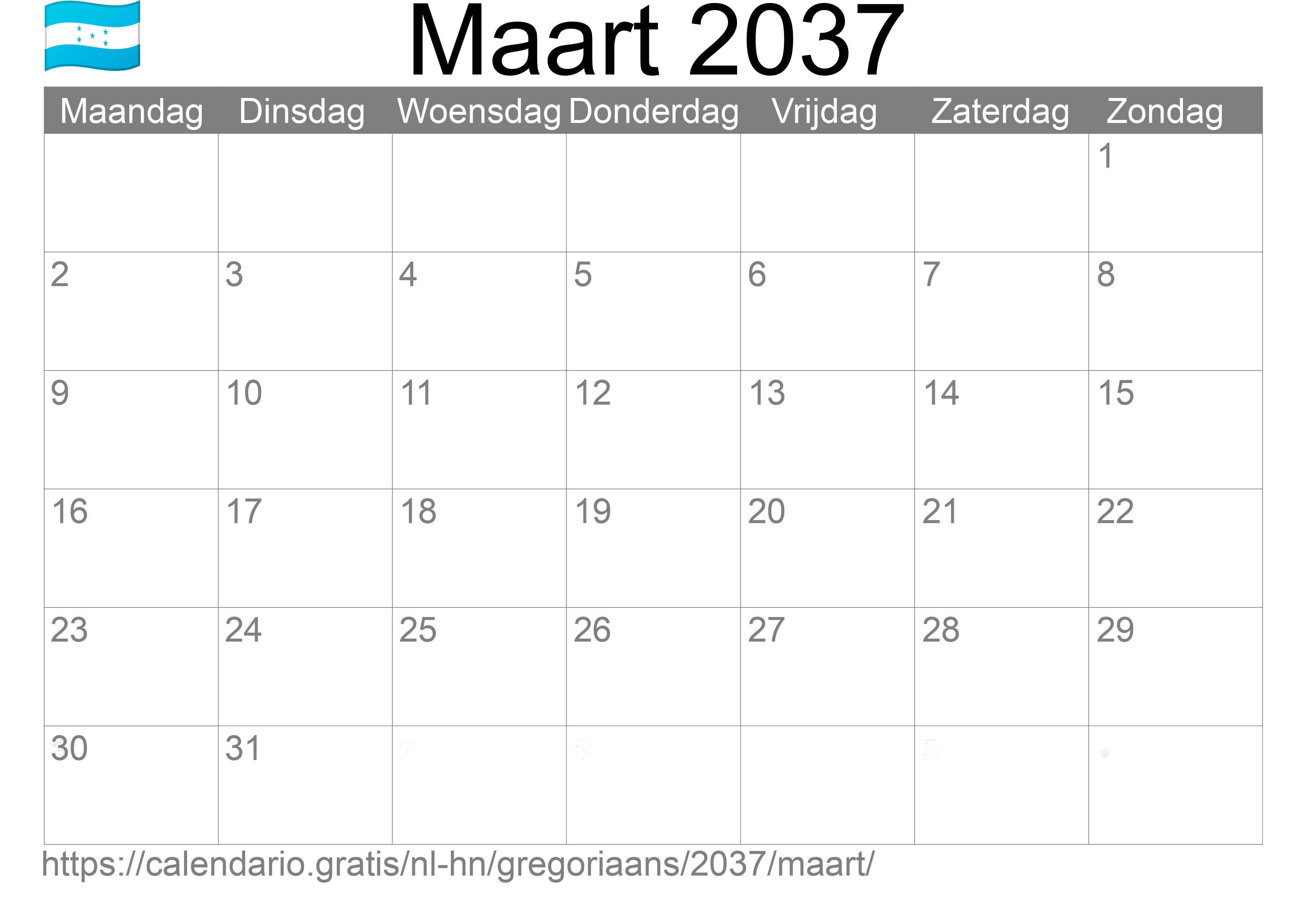 Kalender Maart 2037 om af te drukken