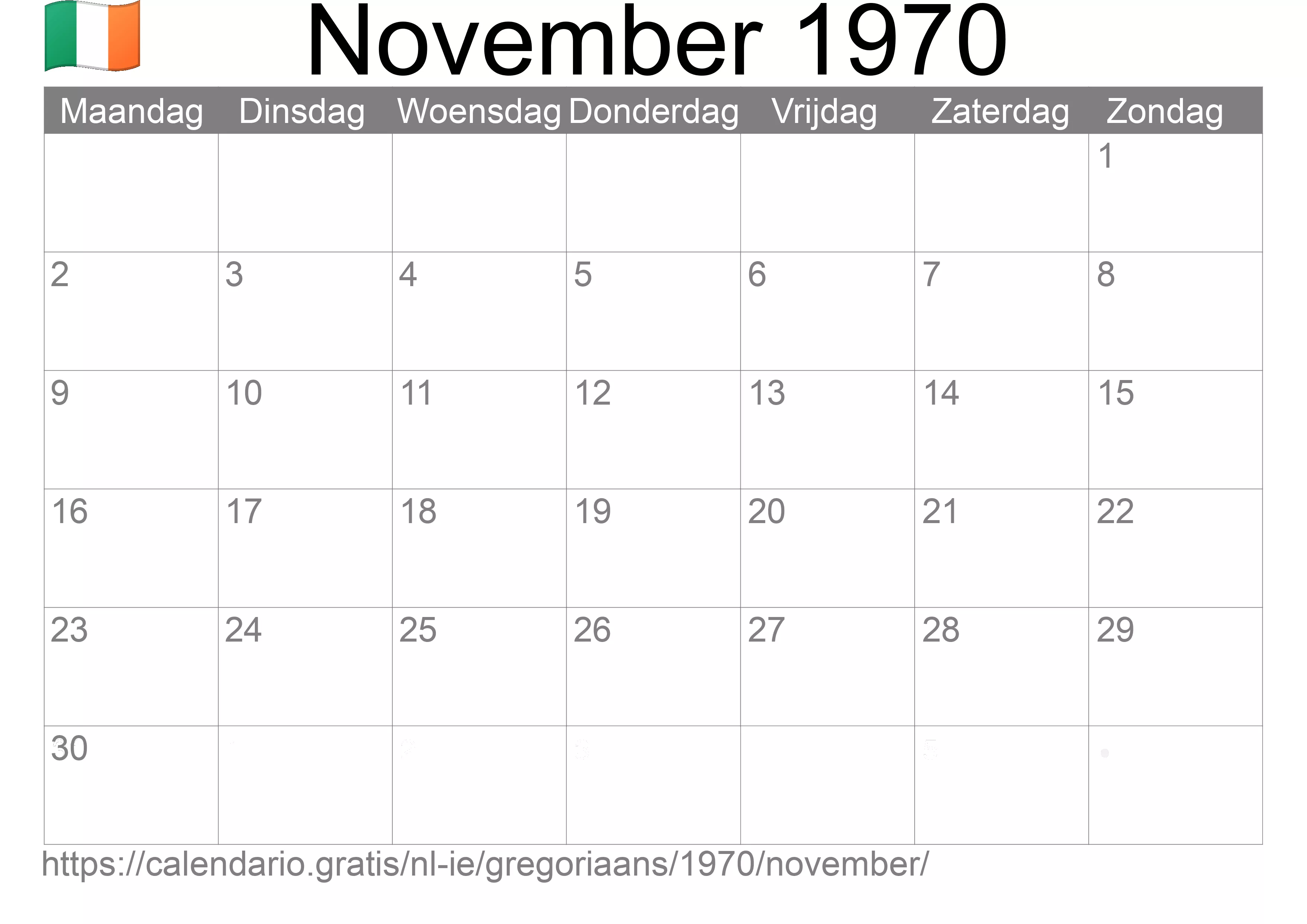 Kalender November 1970 om af te drukken (Ierland)