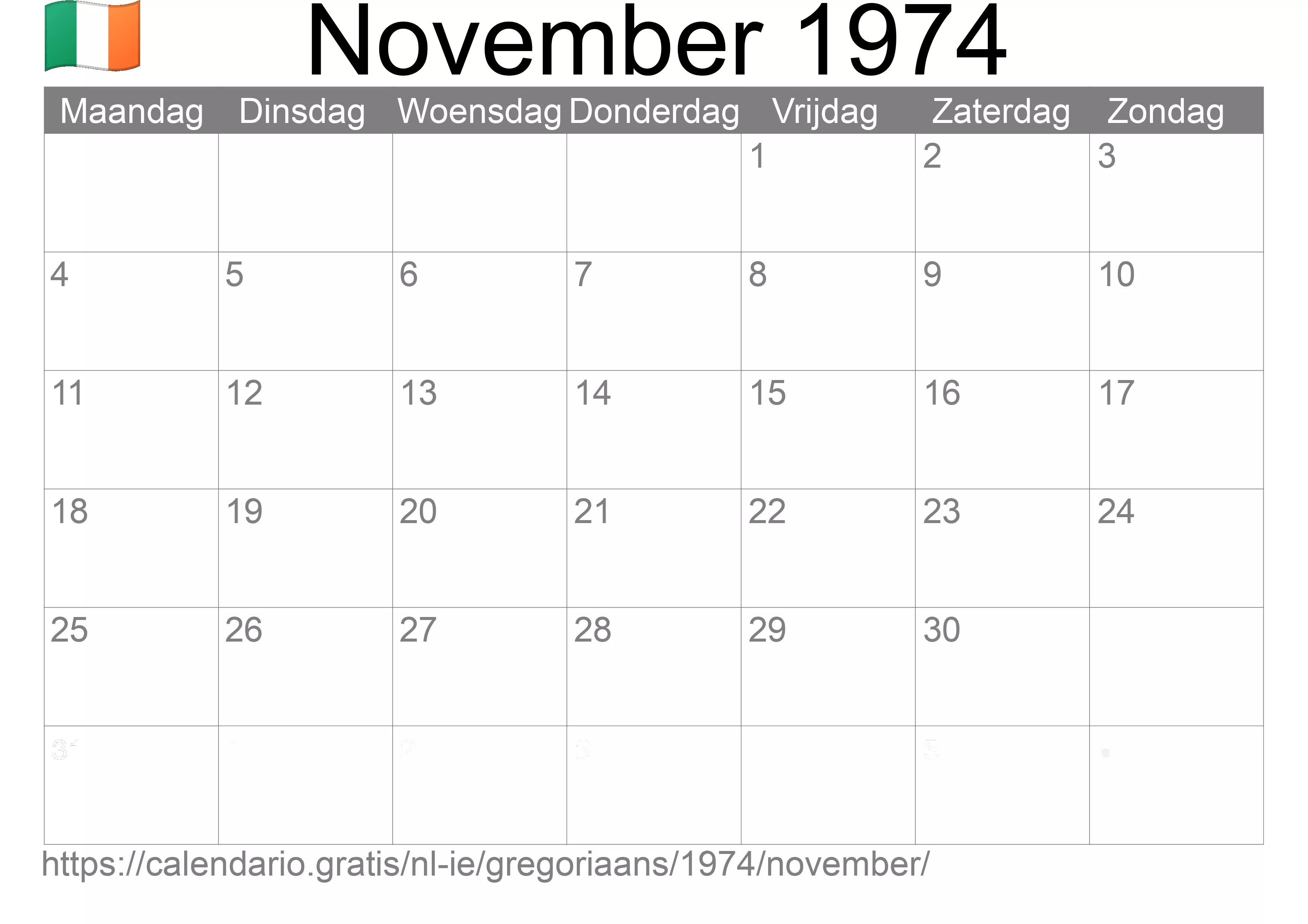 Kalender November 1974 om af te drukken (Ierland)