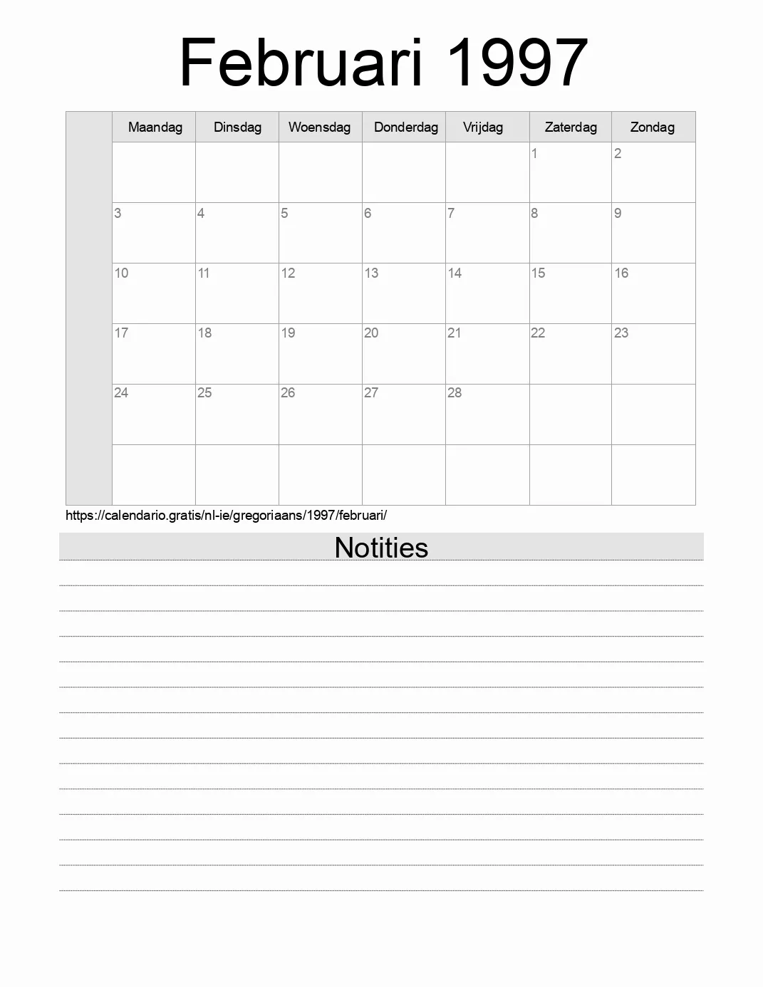 Kalender voor Februari 1997 om af te drukken met notities. (Ierland)