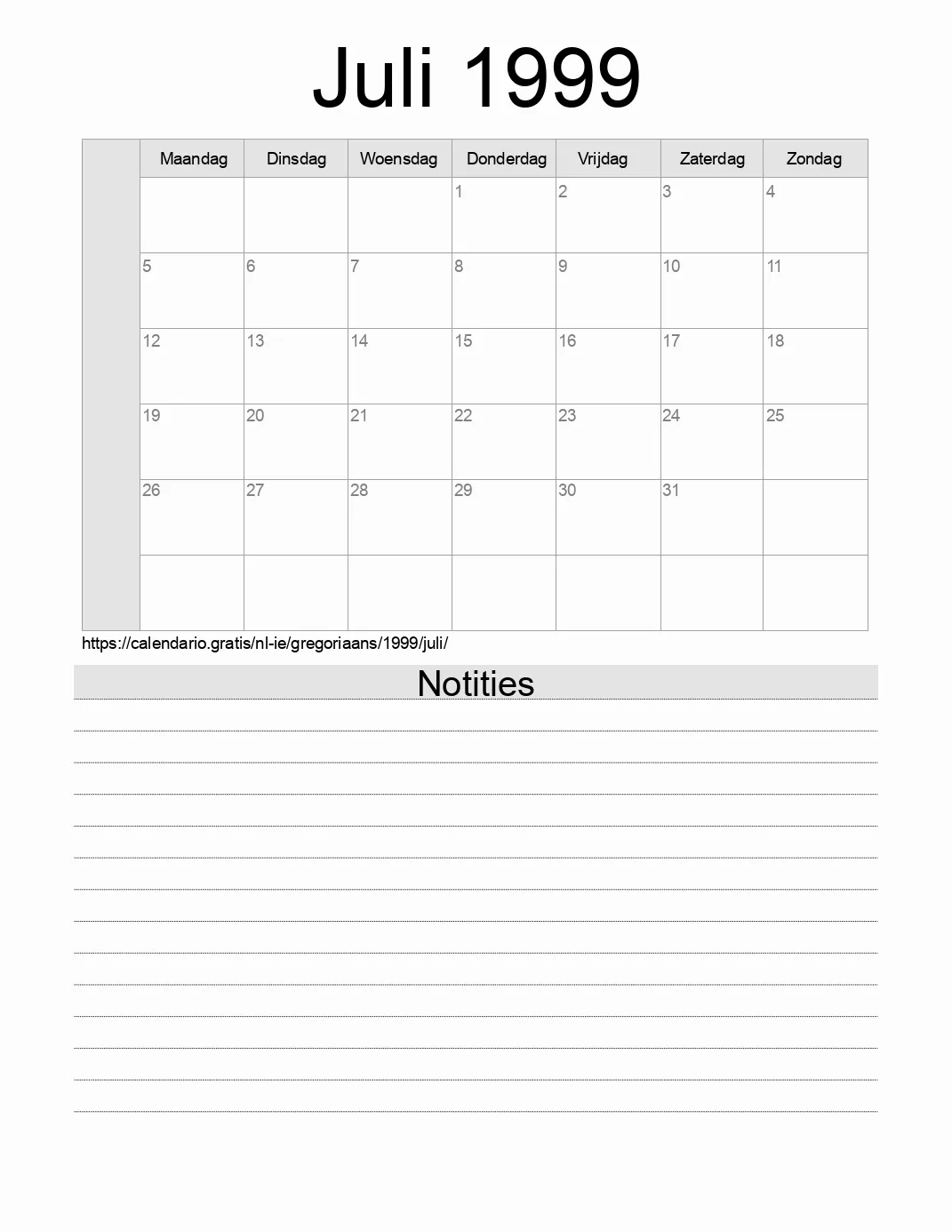 Kalender voor Juli 1999 om af te drukken met notities. (Ierland)