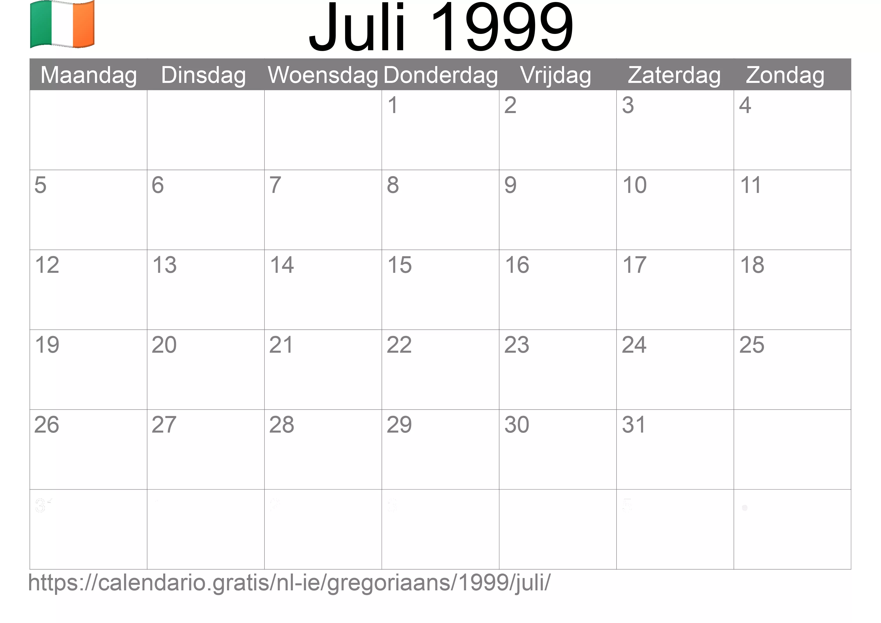 Kalender Juli 1999 om af te drukken (Ierland)