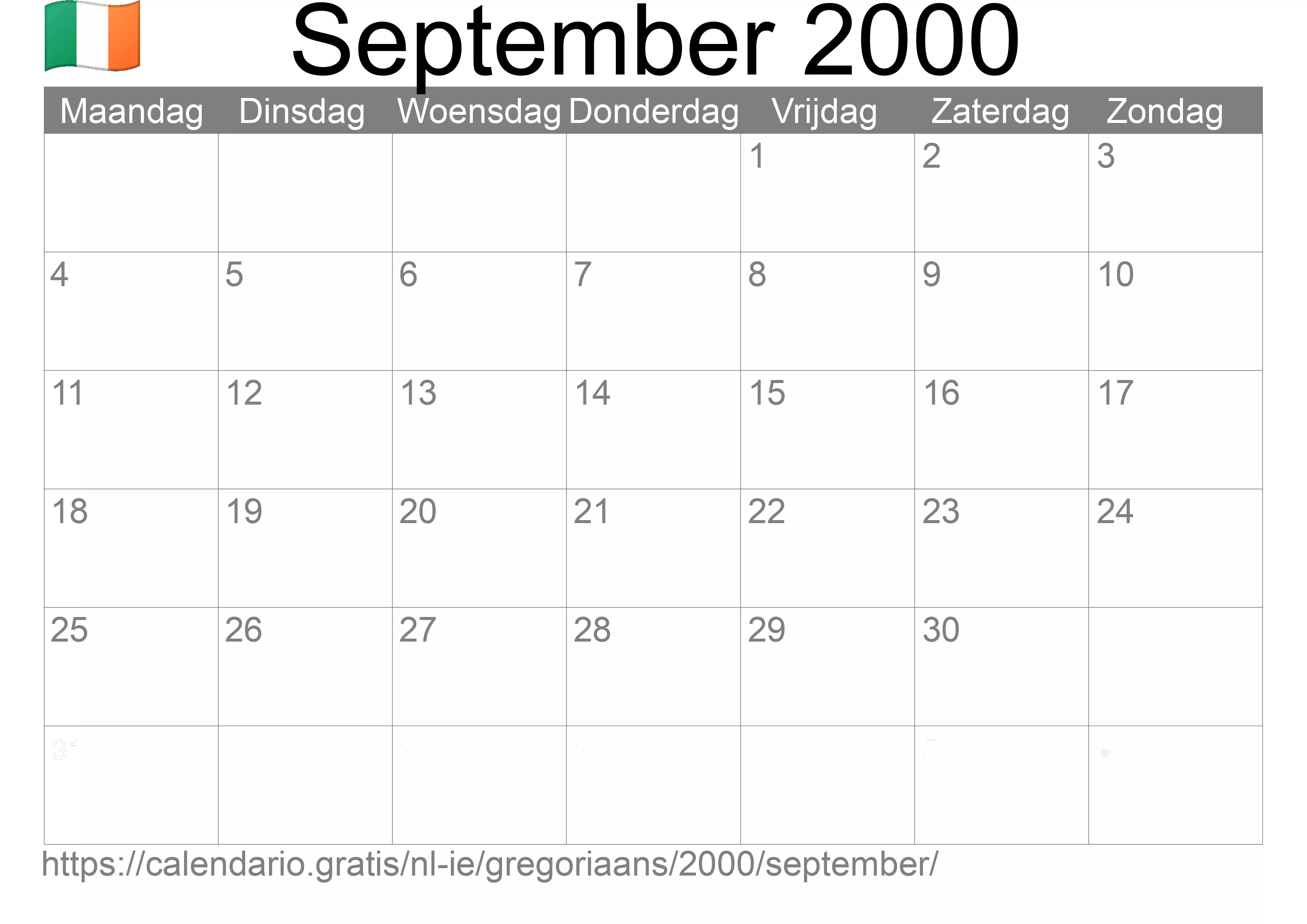 Kalender September 2000 om af te drukken (Ierland)