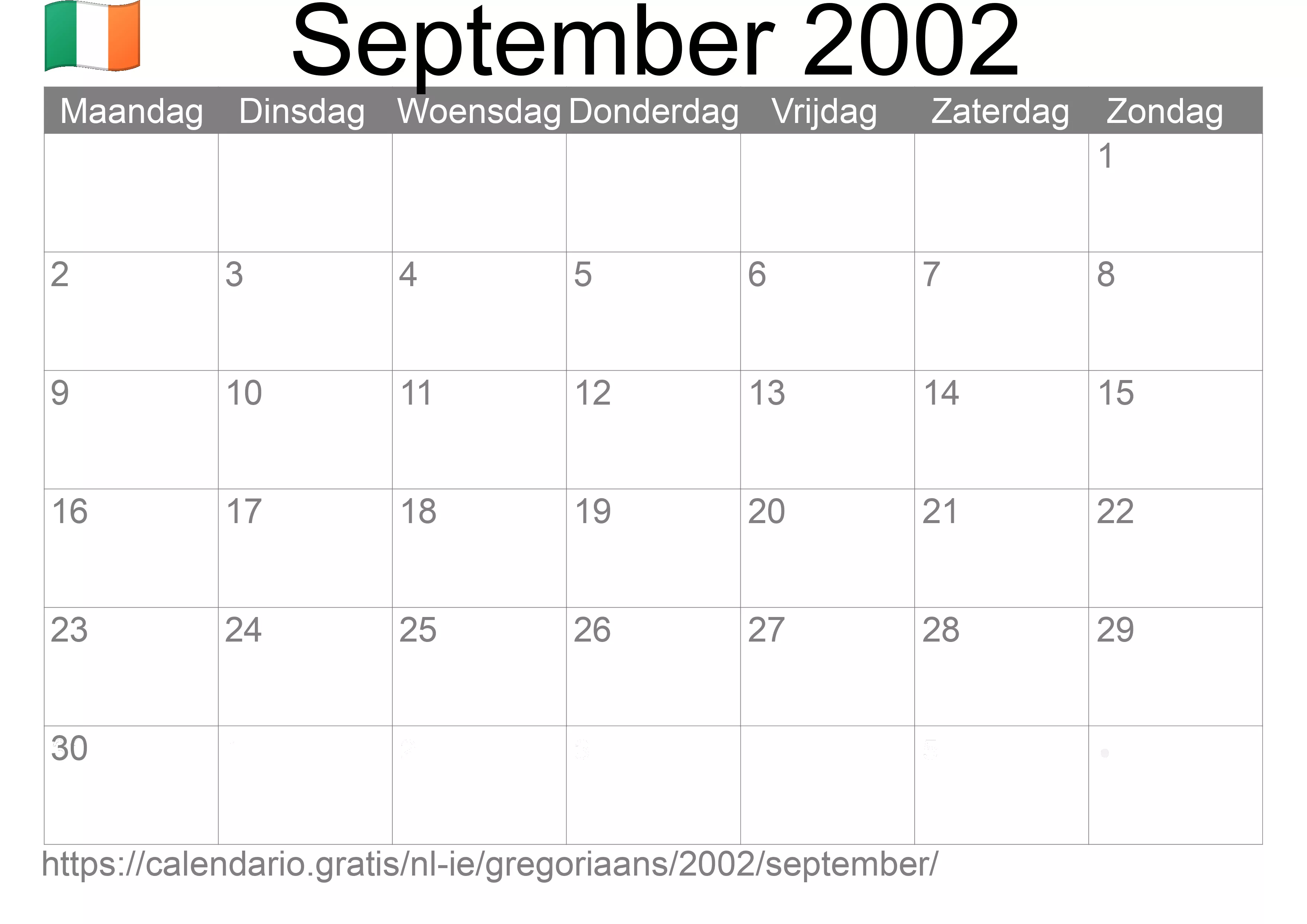 Kalender September 2002 om af te drukken (Ierland) Kalender September 2002 om af te drukken (Ierland)