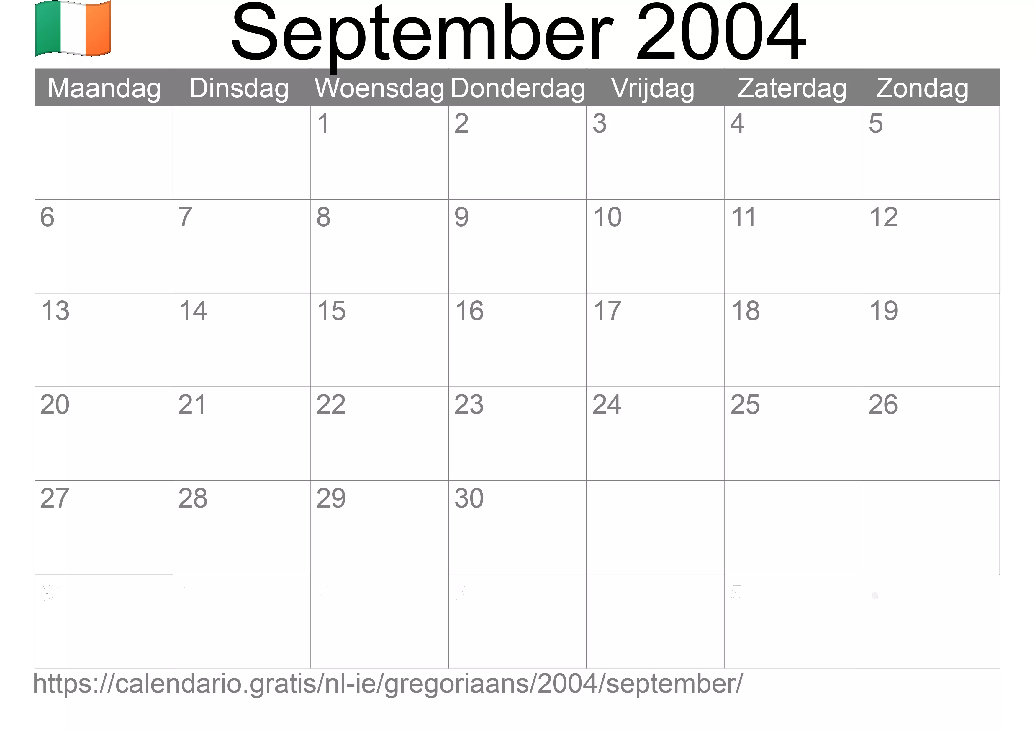 Kalender September 2004 om af te drukken (Ierland)
