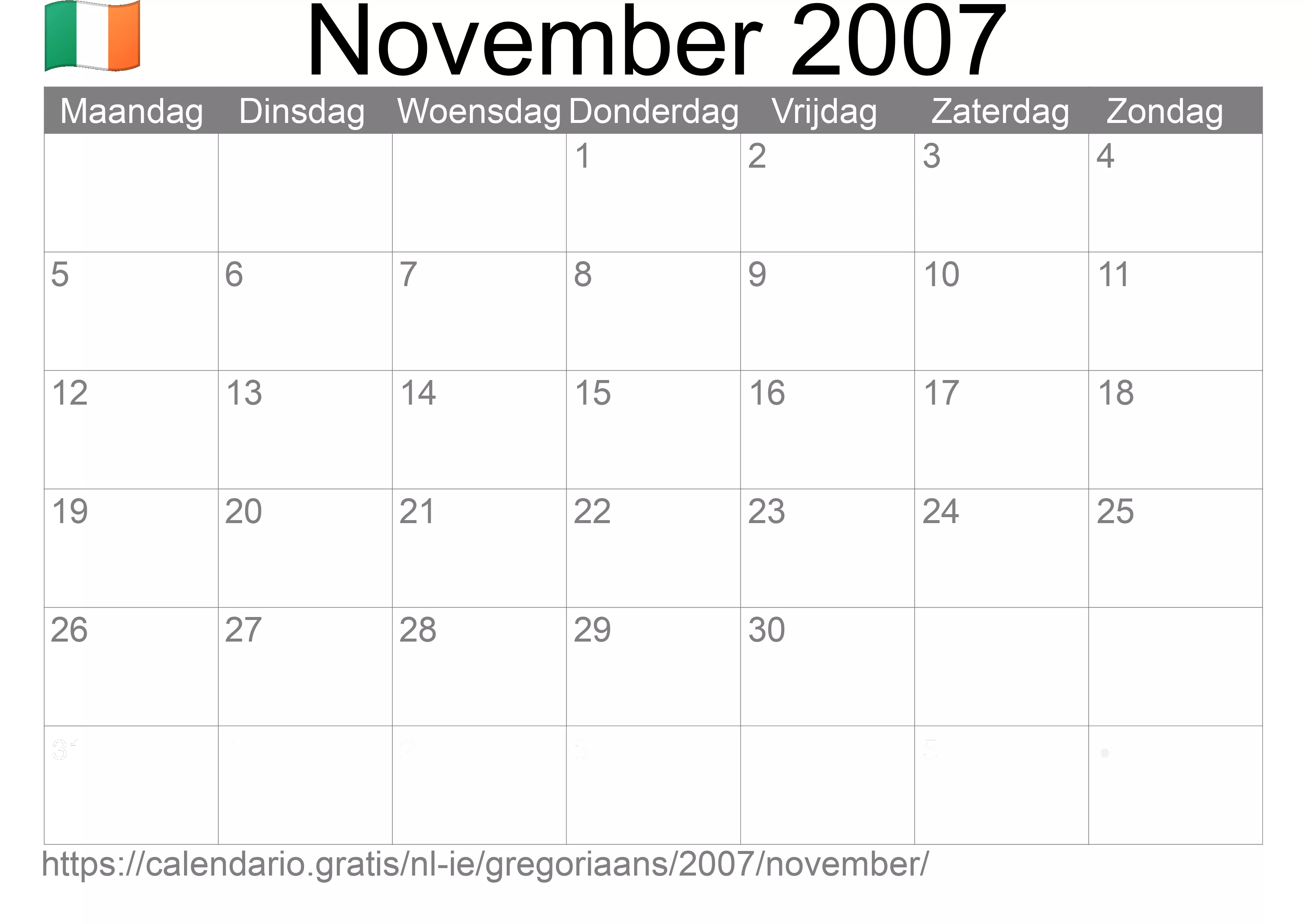 Kalender November 2007 om af te drukken (Ierland)