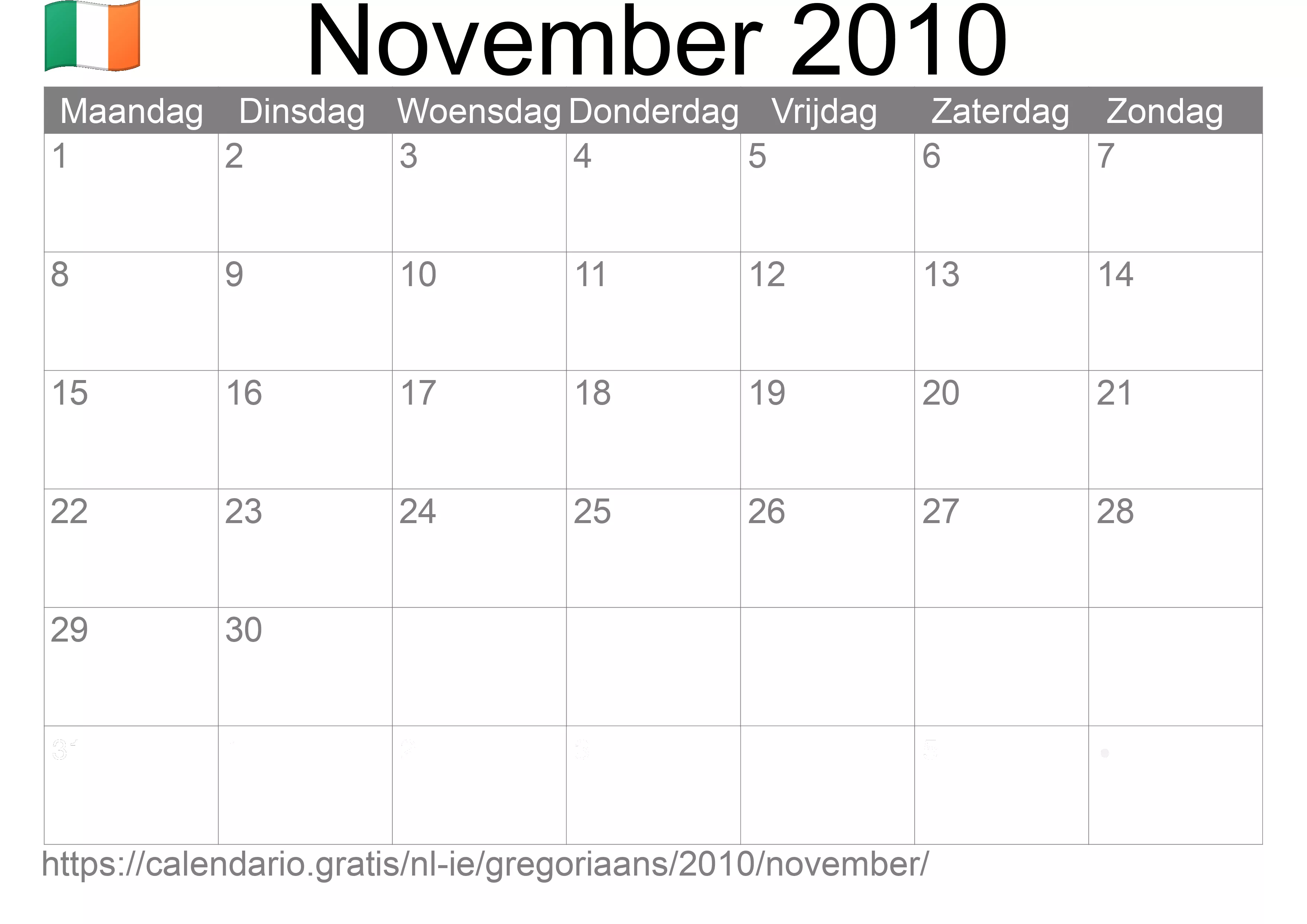 Kalender November 2010 om af te drukken (Ierland)