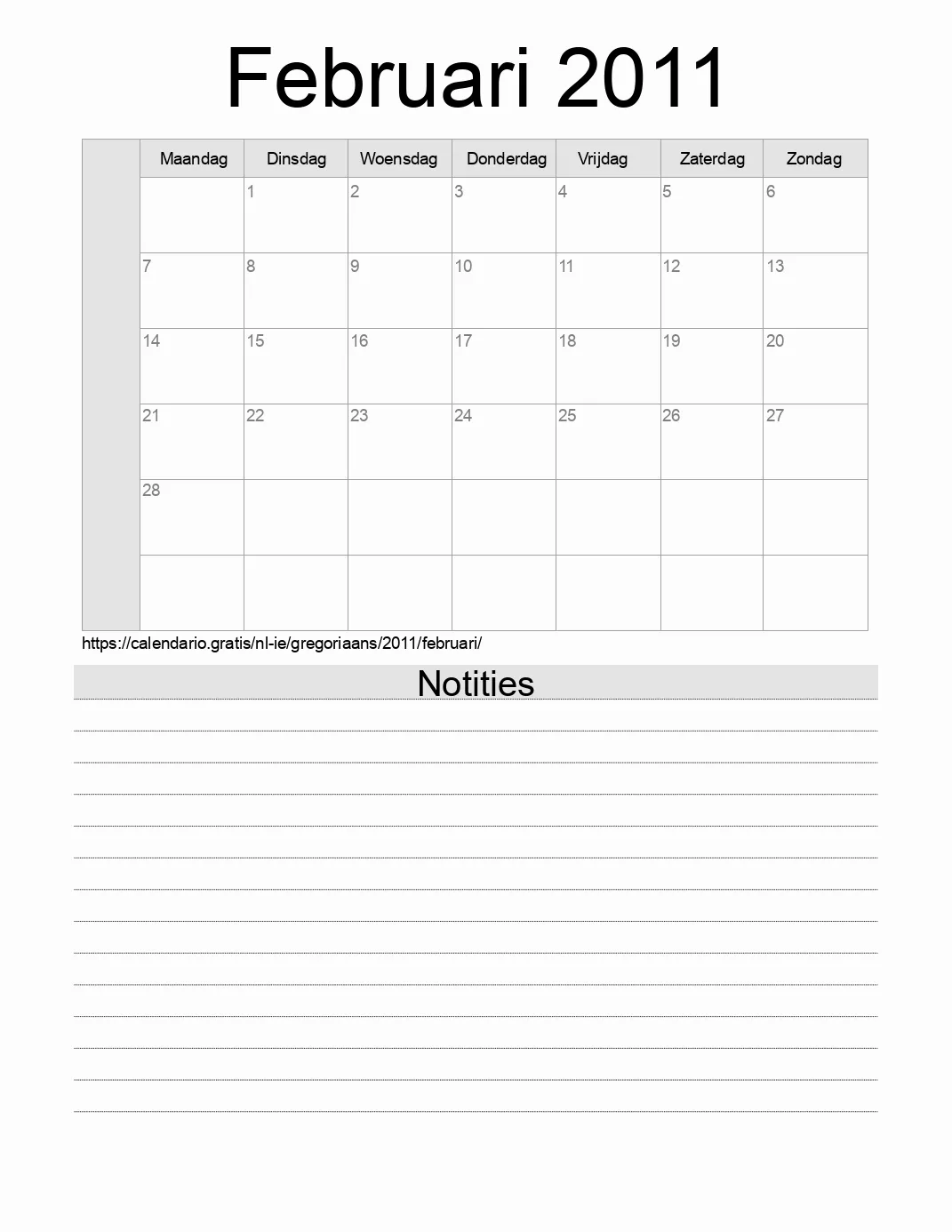 Kalender voor Februari 2011 om af te drukken met notities. (Ierland) Kalender voor Februari 2011 om af te drukken met notities. (Ierland)