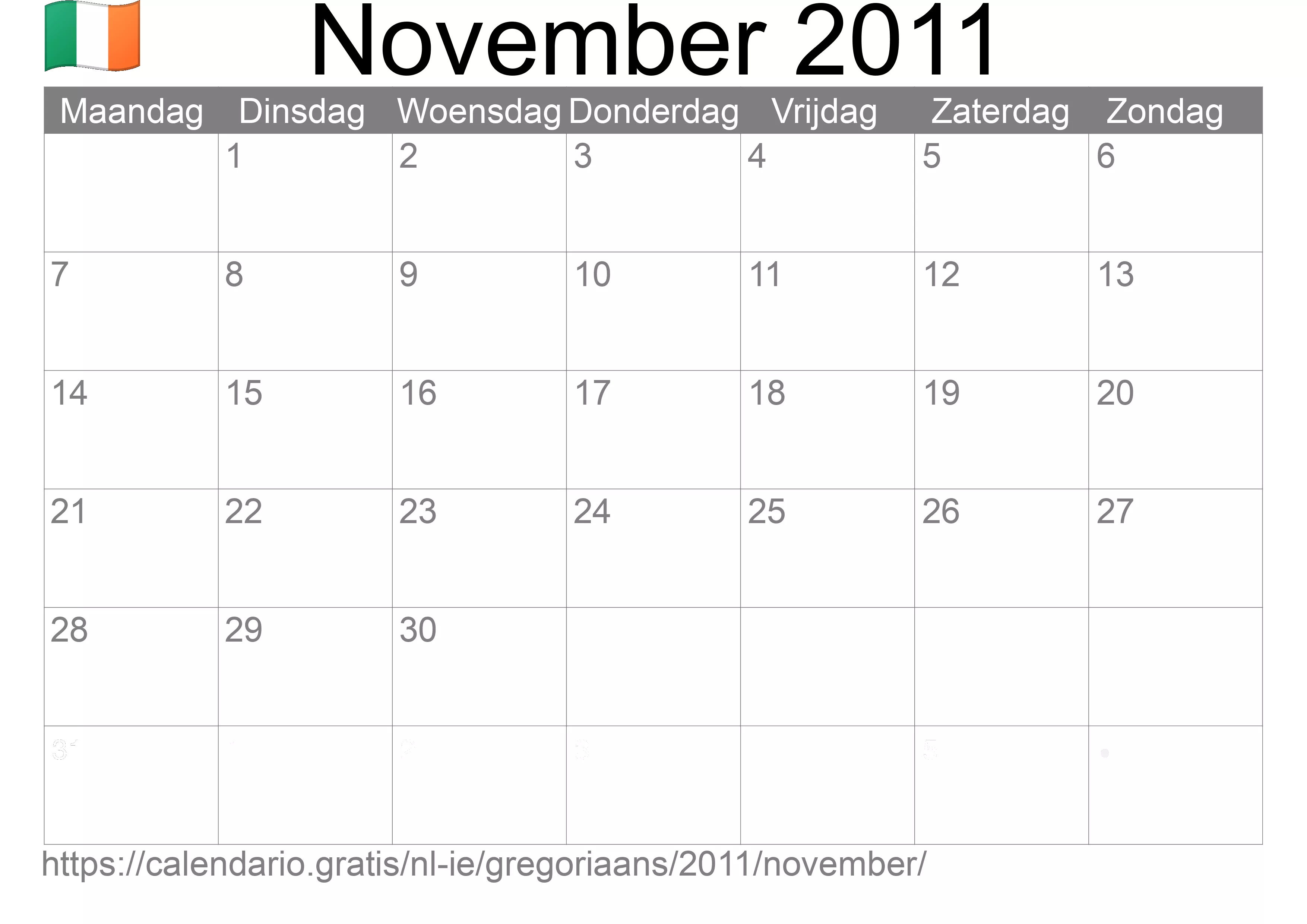 Kalender November 2011 om af te drukken (Ierland)