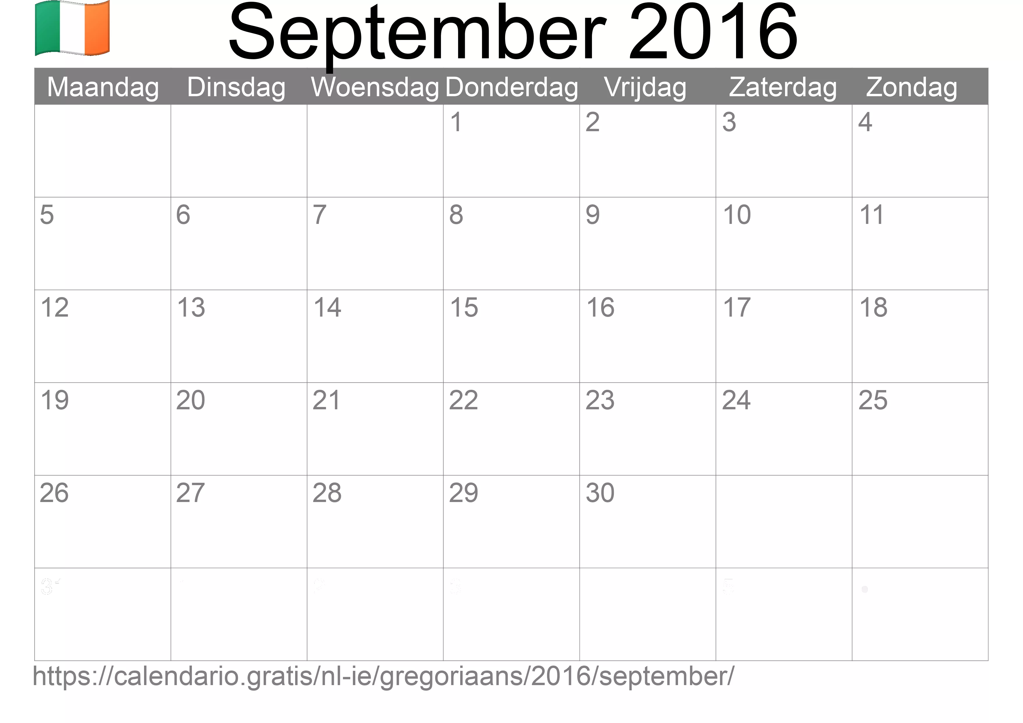 Kalender September 2016 om af te drukken (Ierland)