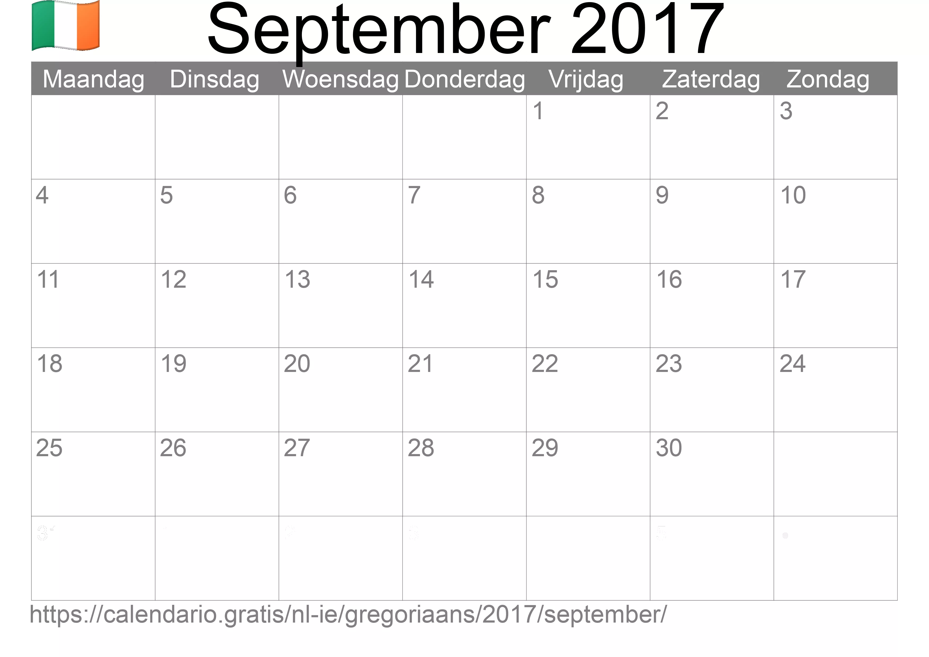 Kalender September 2017 om af te drukken (Ierland)