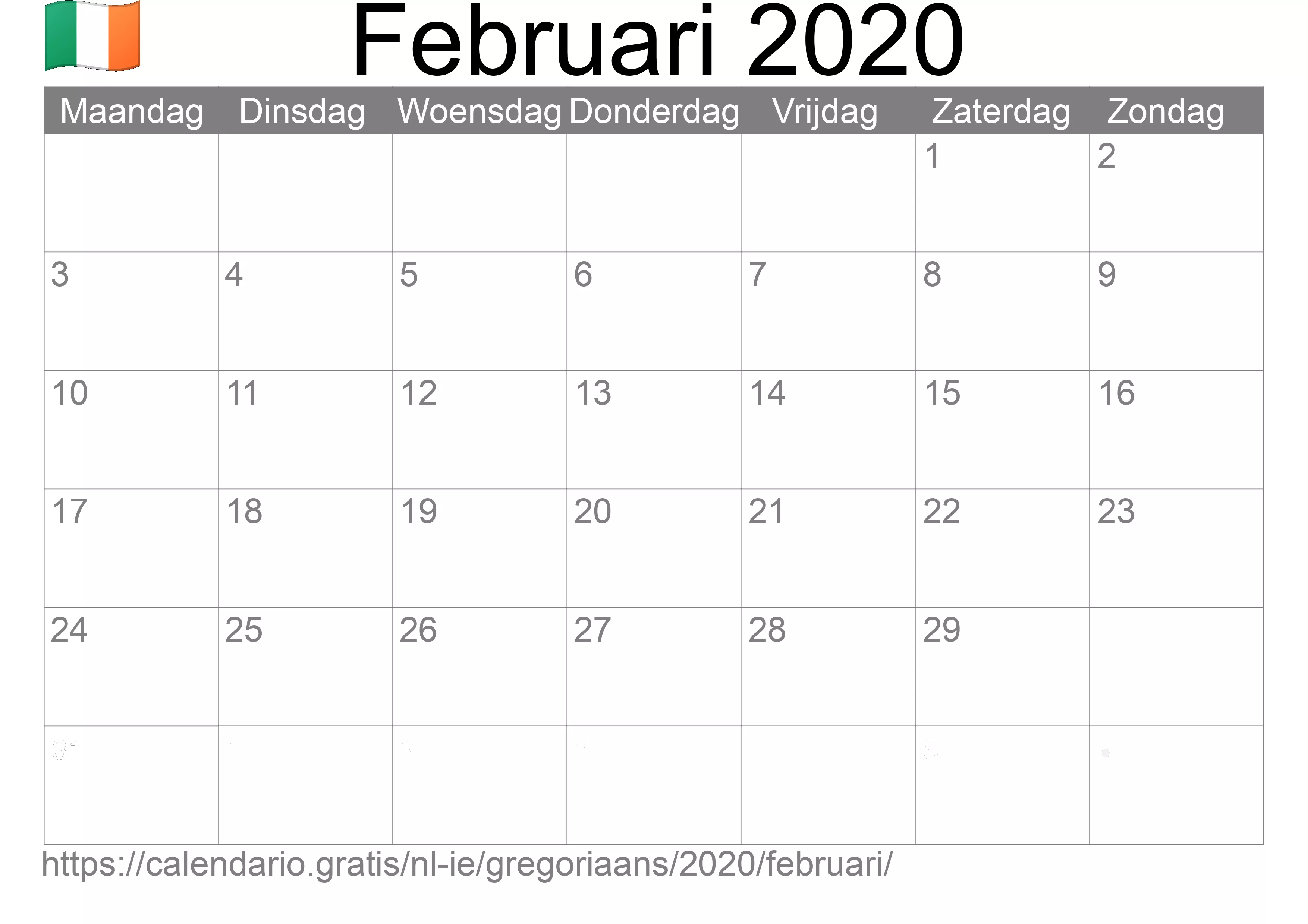 Kalender Februari 2020 om af te drukken (Ierland) Kalender Februari 2020 om af te drukken (Ierland)