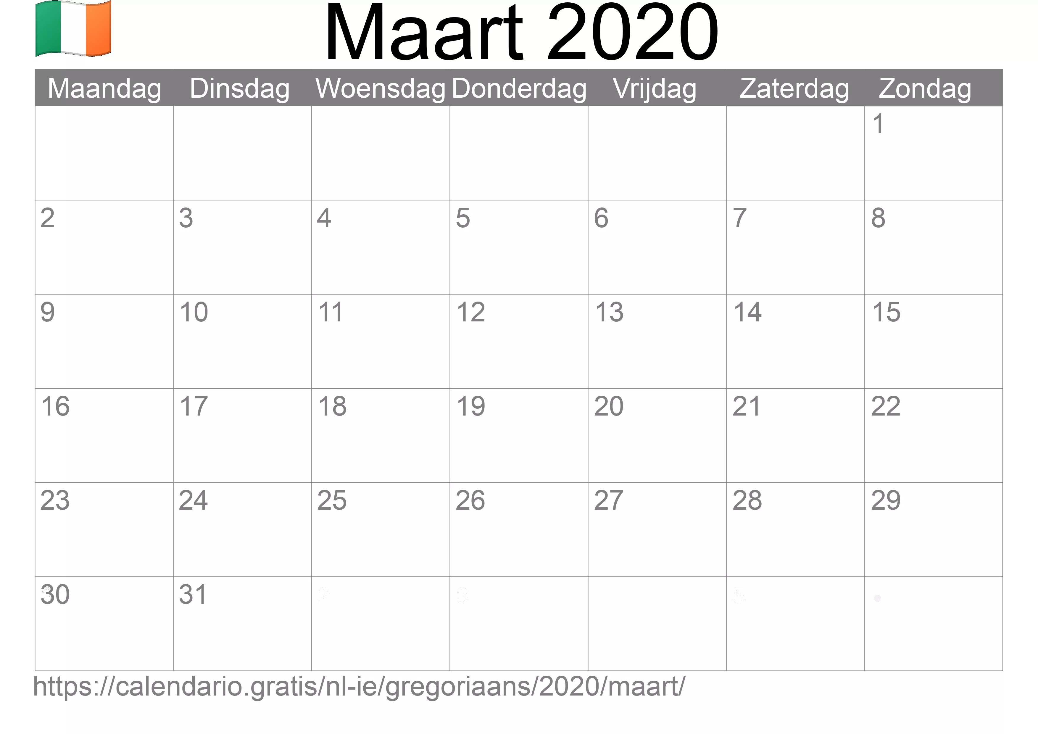 Kalender Maart 2020 om af te drukken (Ierland)