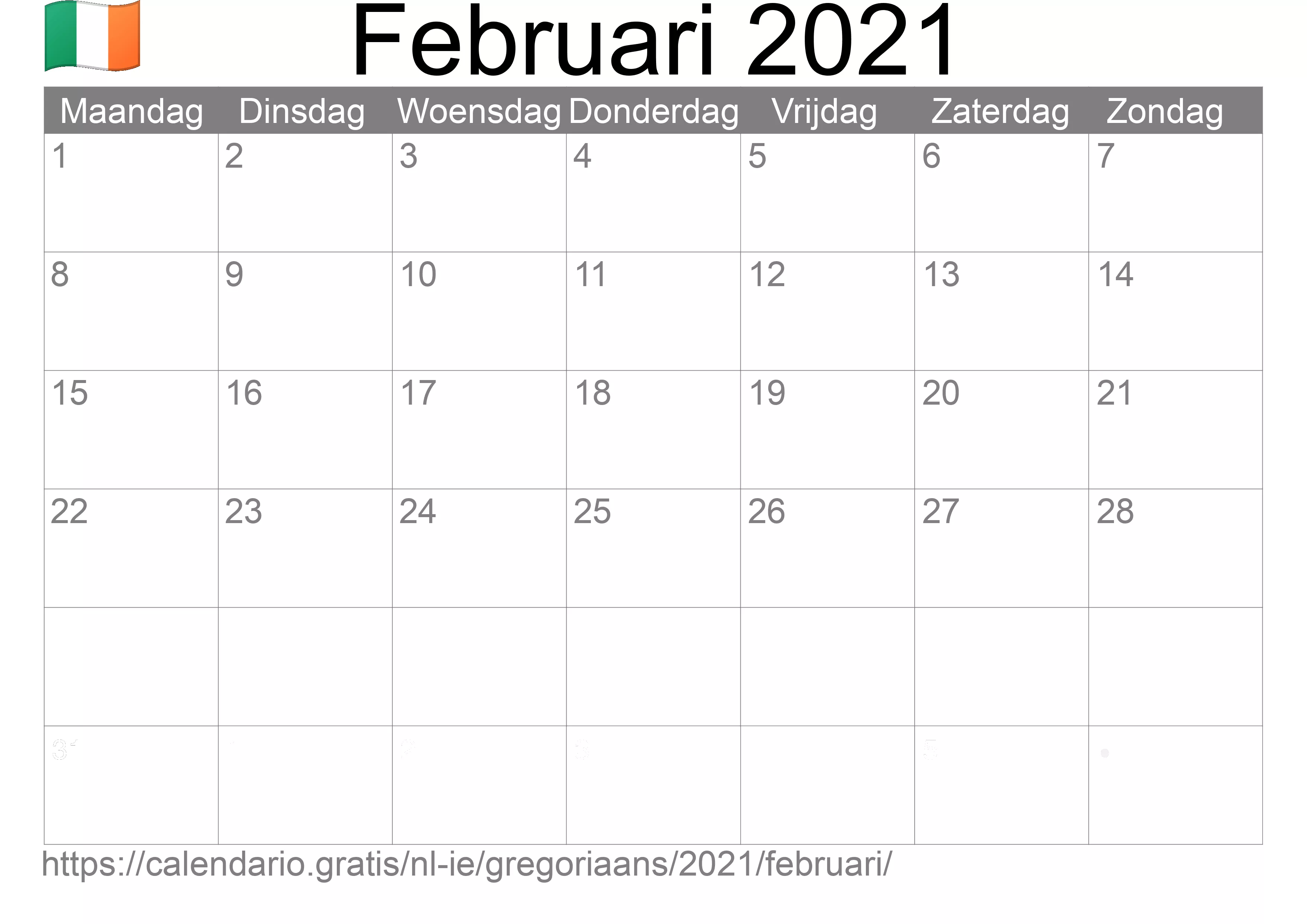 Kalender Februari 2021 om af te drukken (Ierland) Kalender Februari 2021 om af te drukken (Ierland)