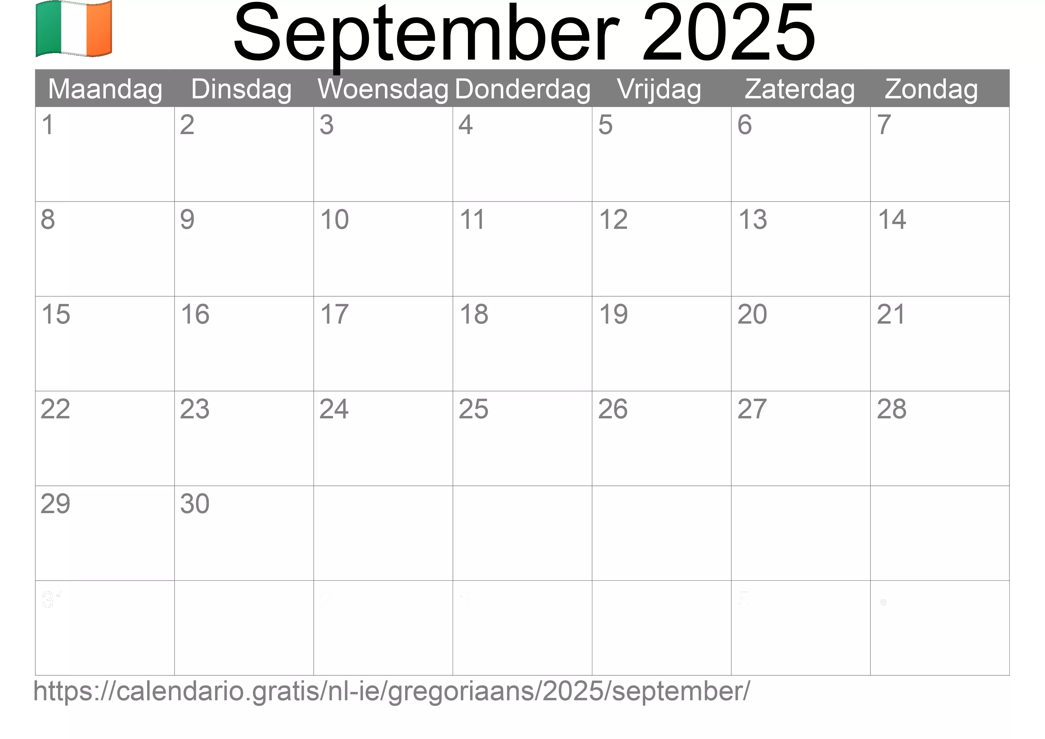 Kalender September 2025 om af te drukken (Ierland) Kalender September 2025 om af te drukken (Ierland)