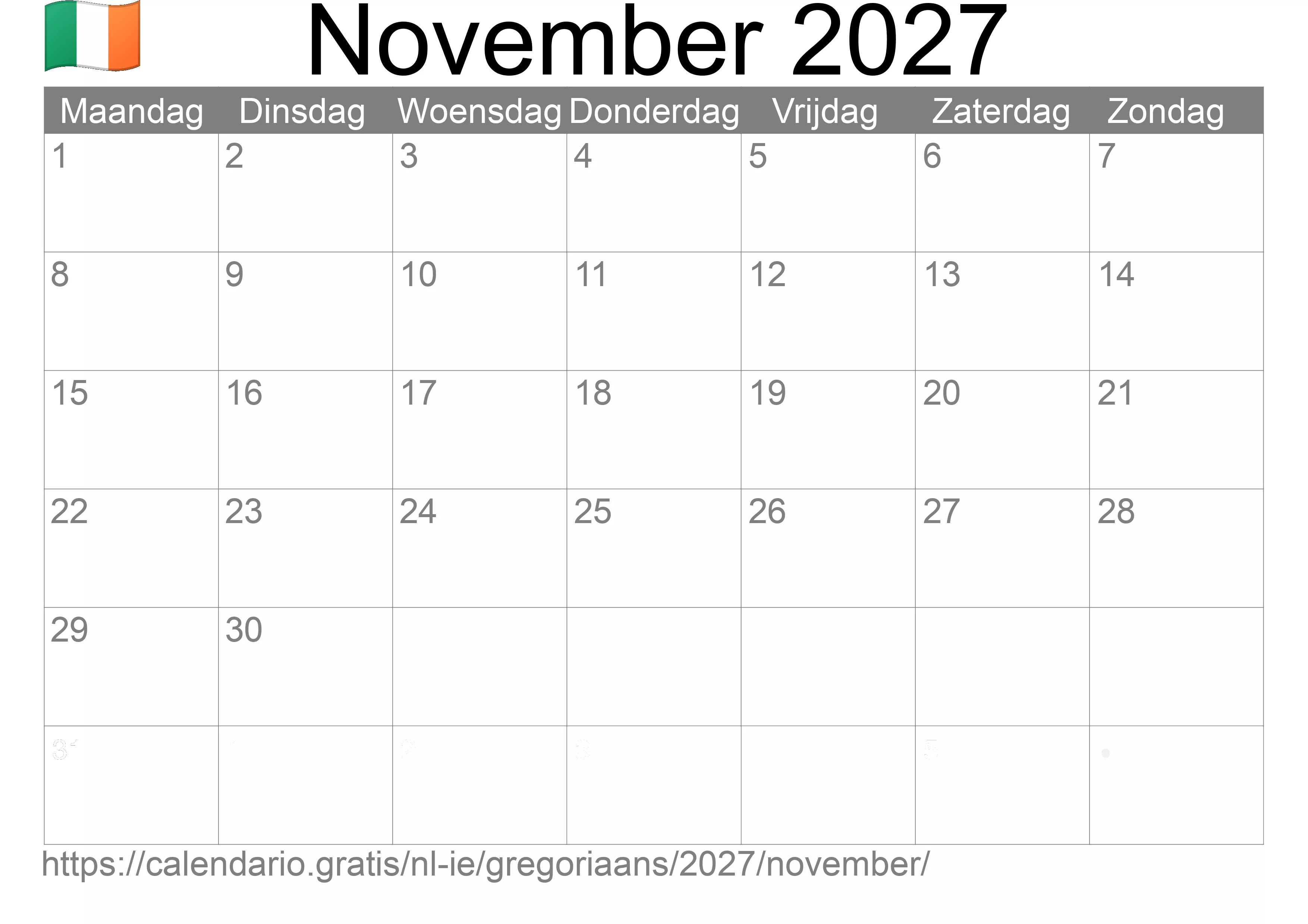 Kalender November 2027 om af te drukken (Ierland)