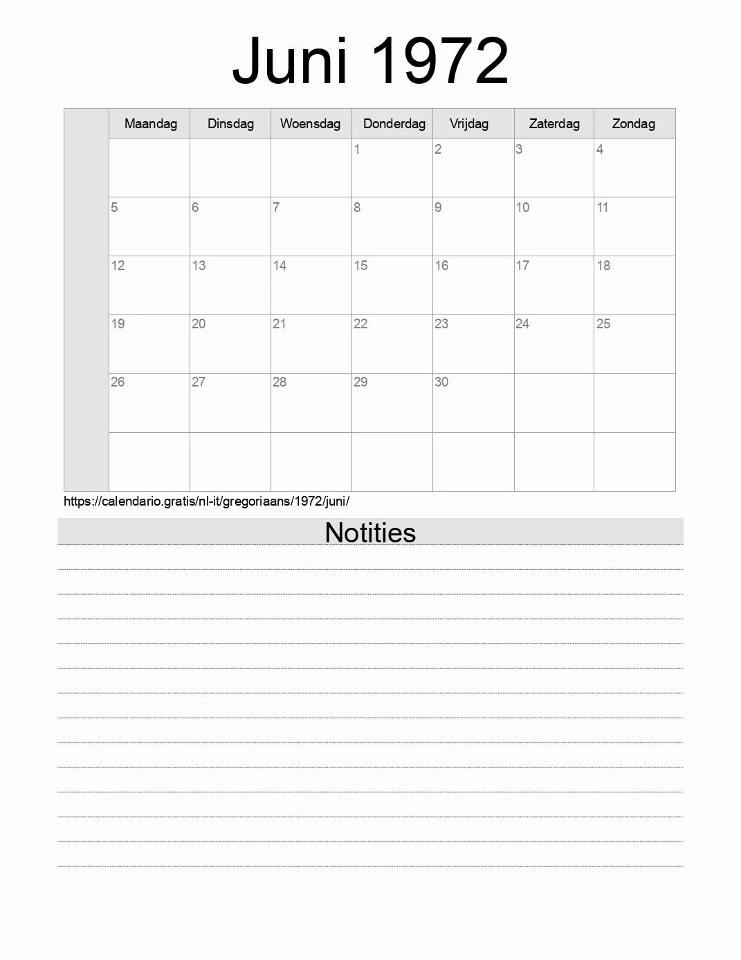 Kalender voor Juni 1972 om af te drukken met notities. (Italië)