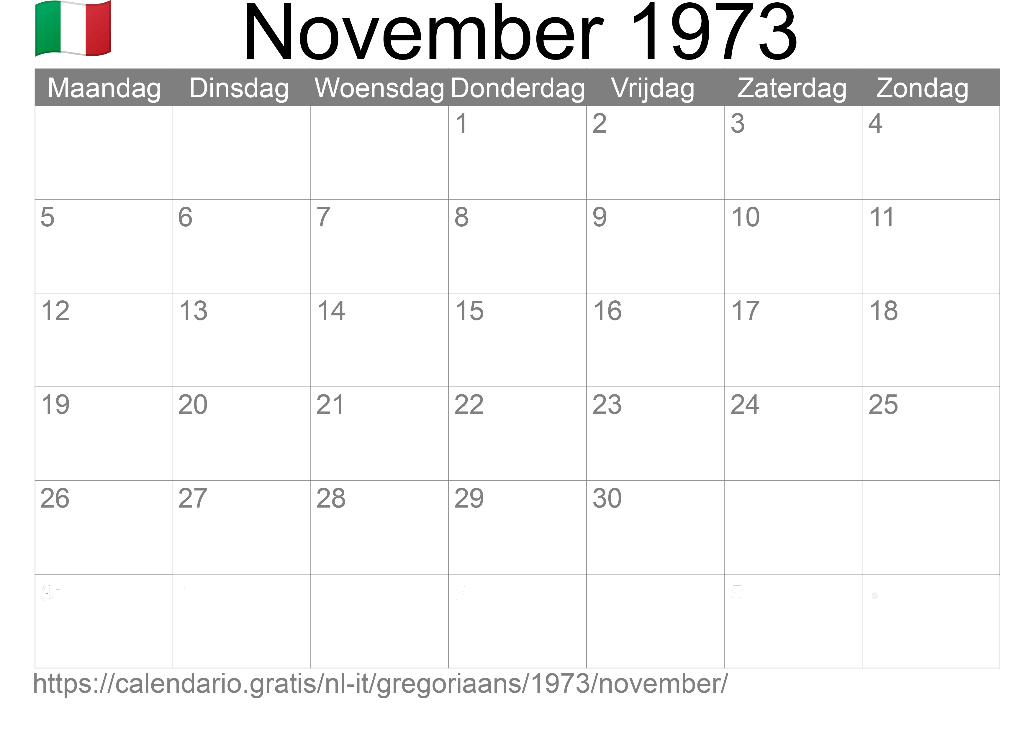 Kalender November 1973 om af te drukken