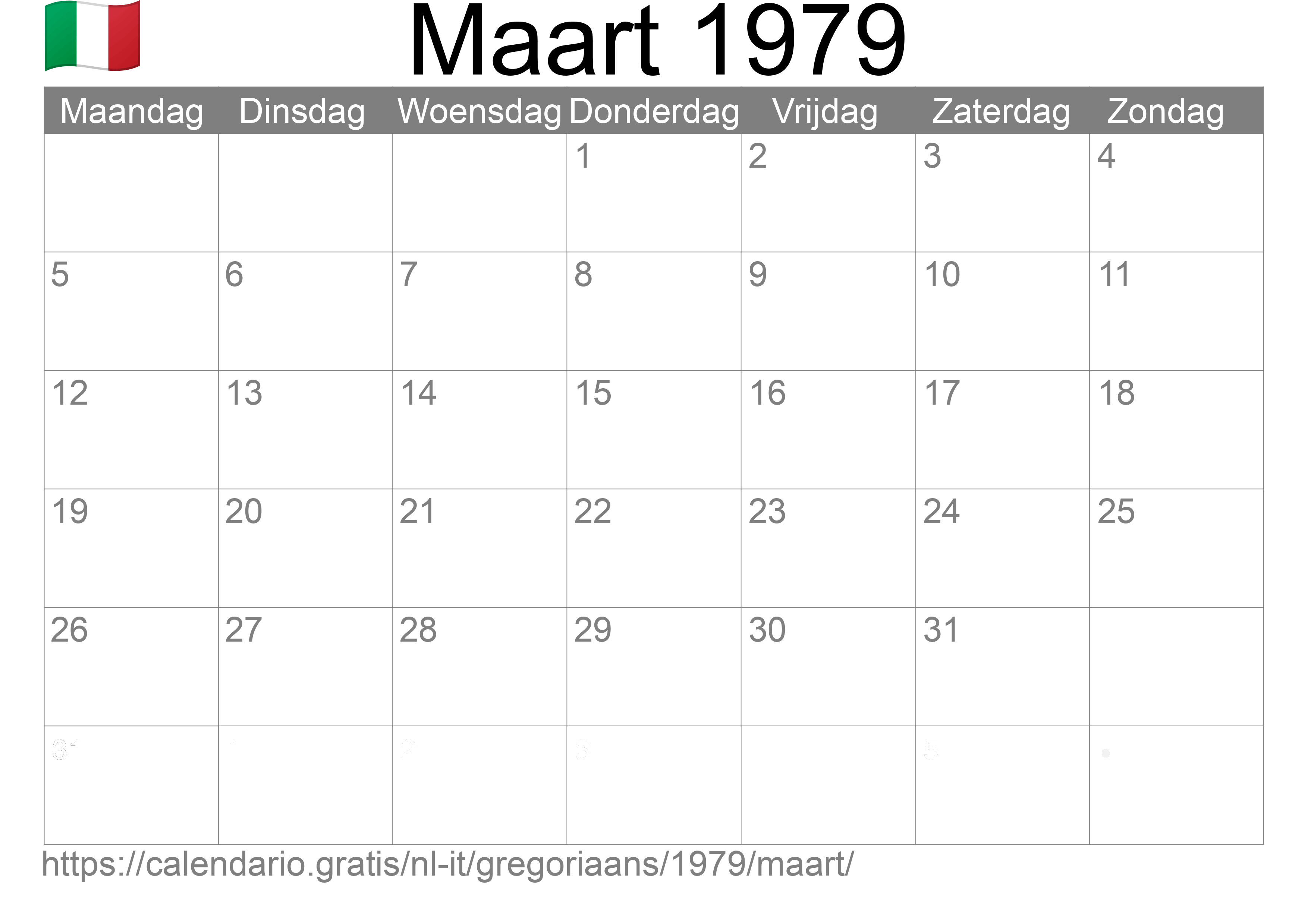 Kalender Maart 1979 om af te drukken