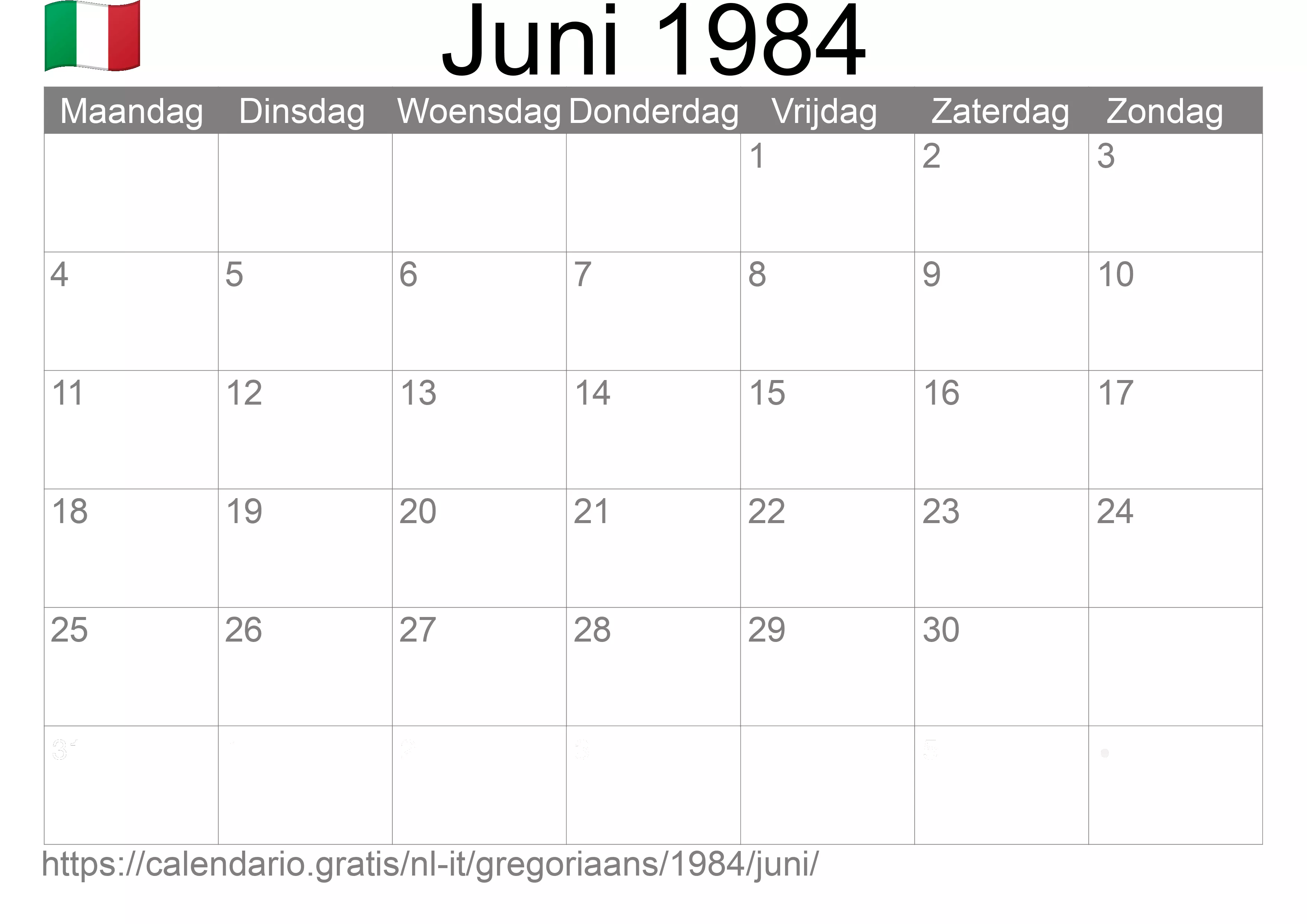Kalender Juni 1984 om af te drukken (Italië)