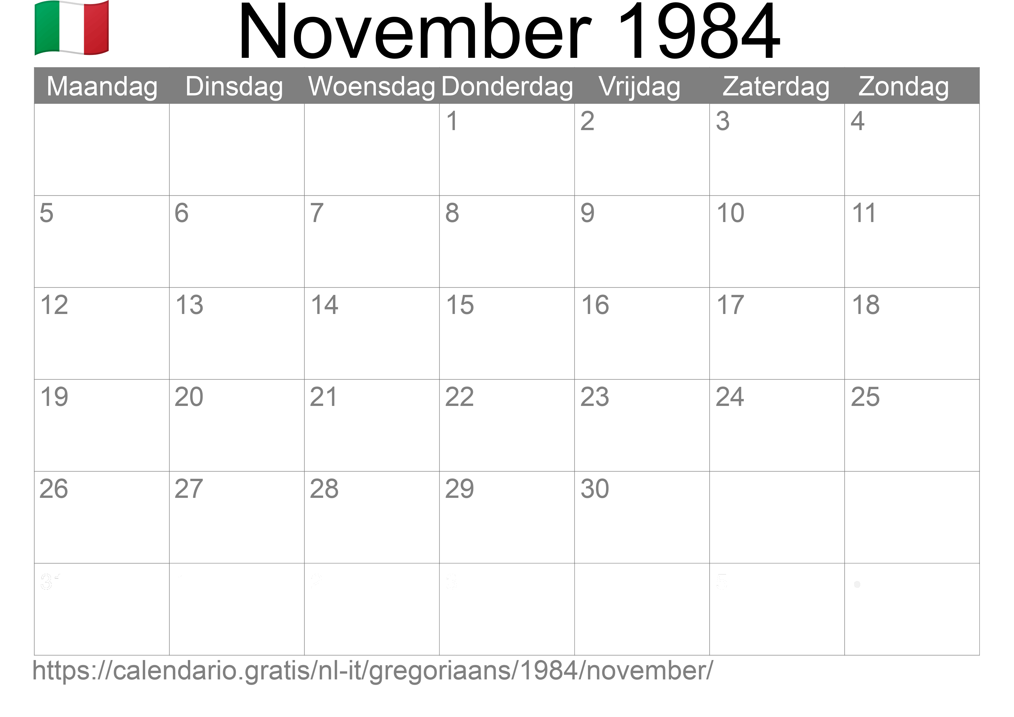 Kalender November 1984 om af te drukken