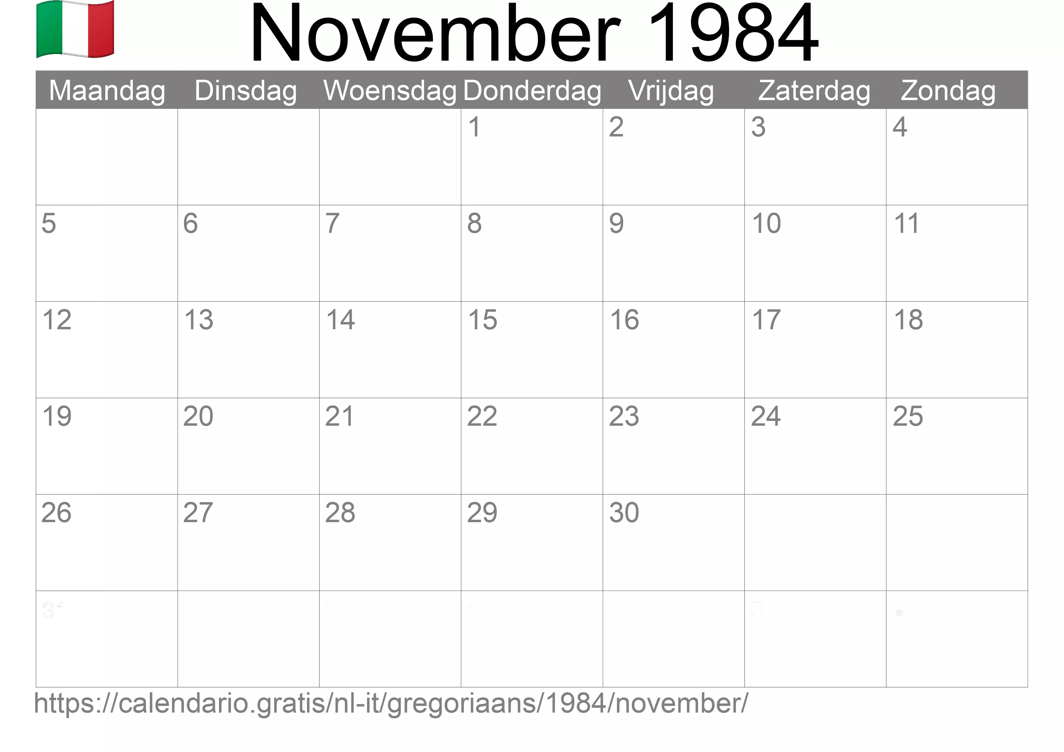 Kalender November 1984 om af te drukken (Italië)