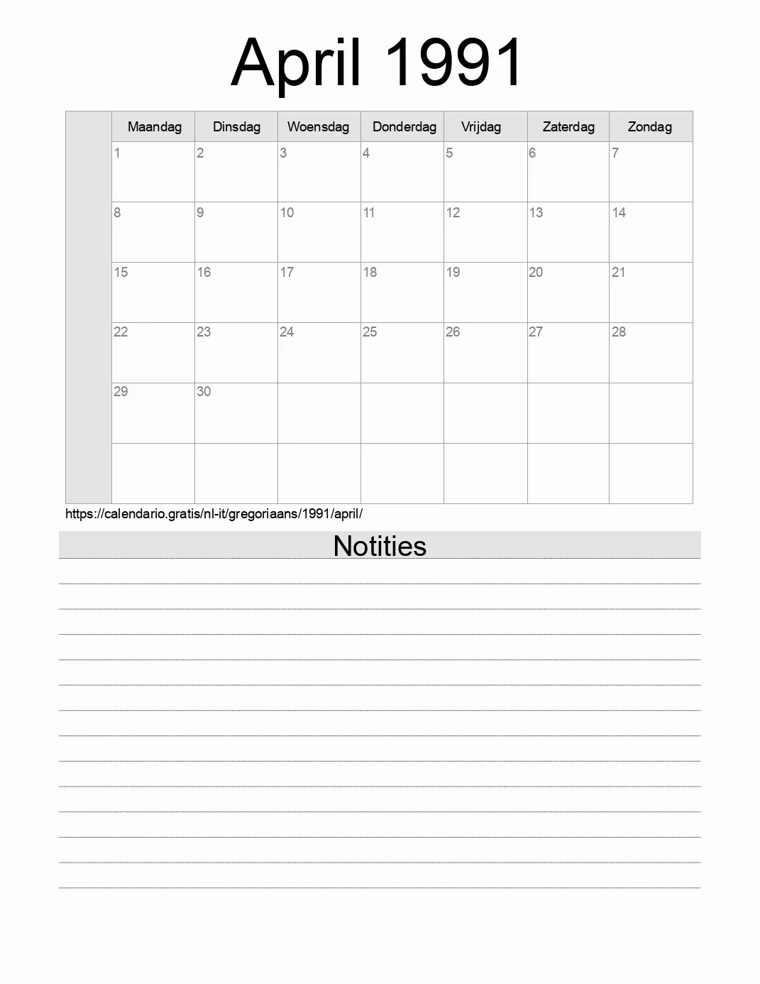 Kalender voor April 1991 om af te drukken met notities. (Italië) Kalender voor April 1991 om af te drukken met notities. (Italië)