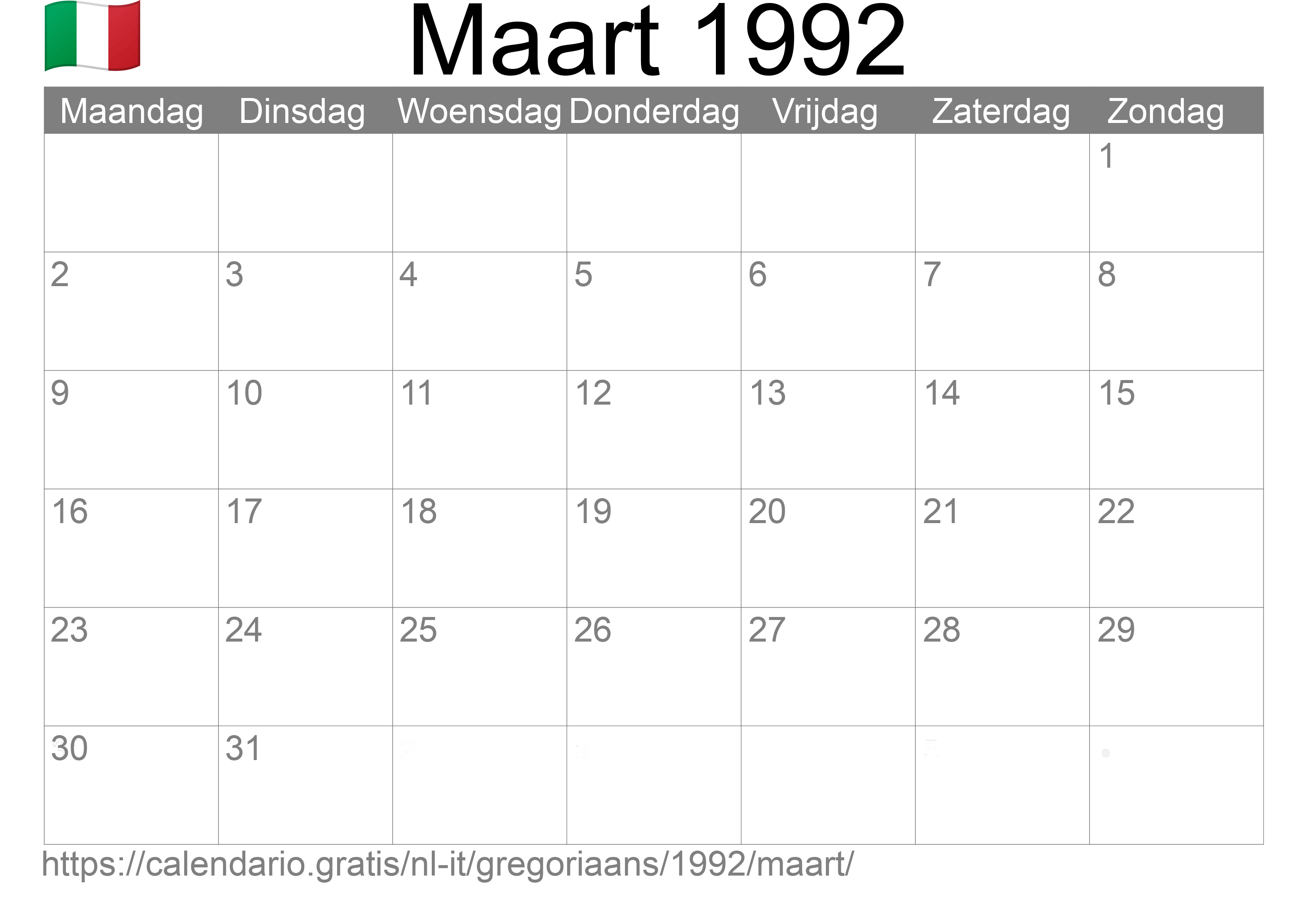 Kalender Maart 1992 om af te drukken