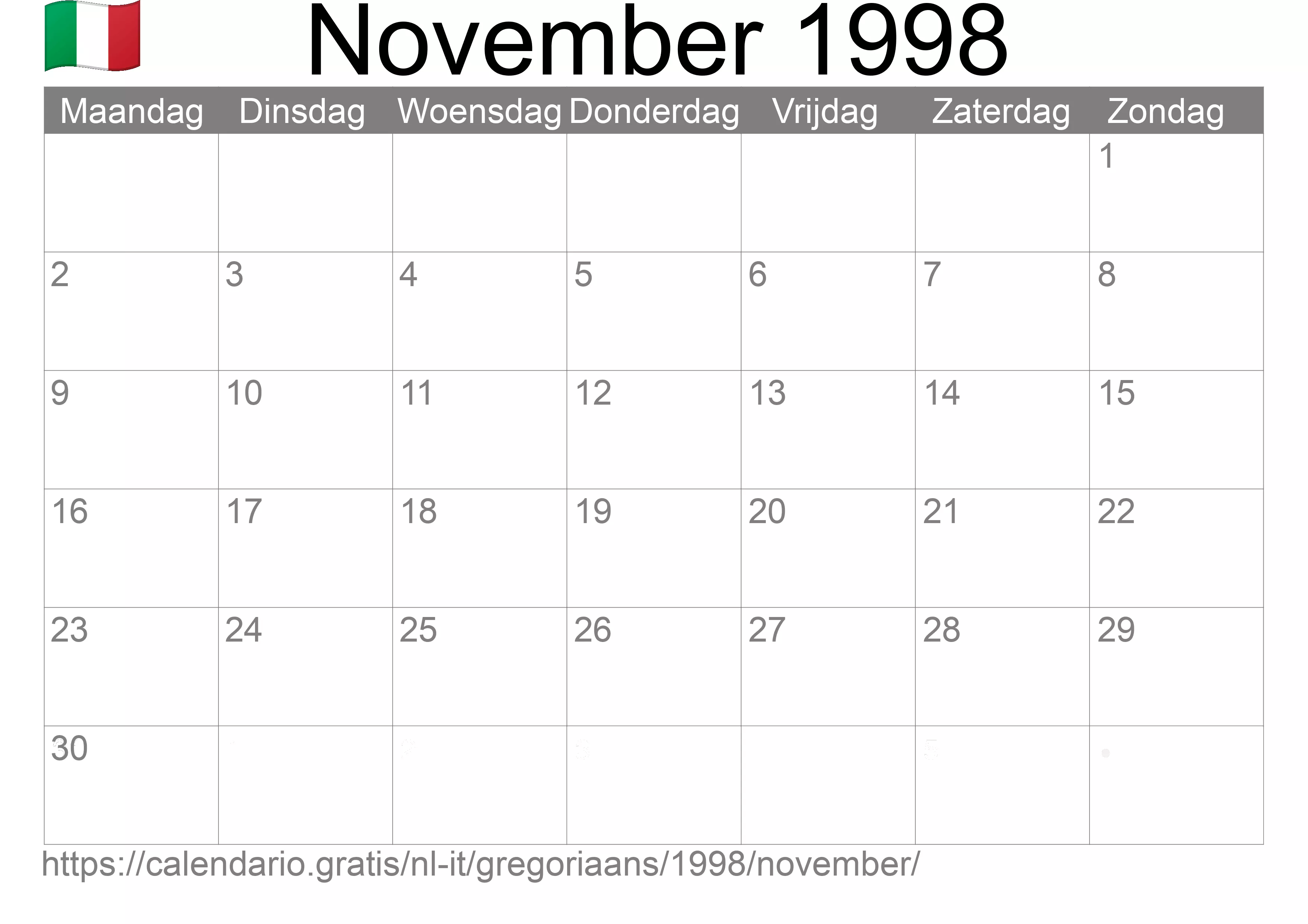 Kalender November 1998 om af te drukken (Italië)