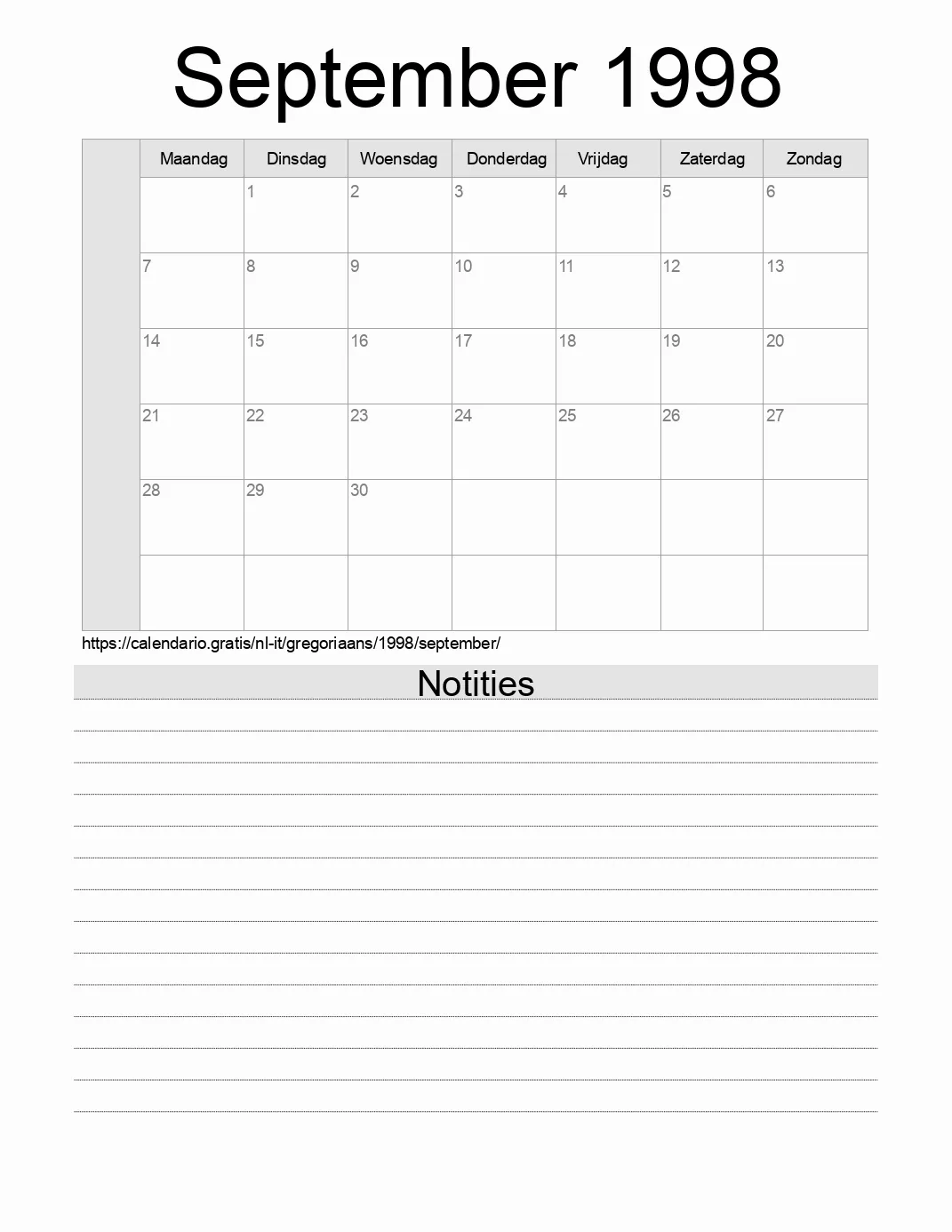 Kalender voor September 1998 om af te drukken met notities. (Italië)